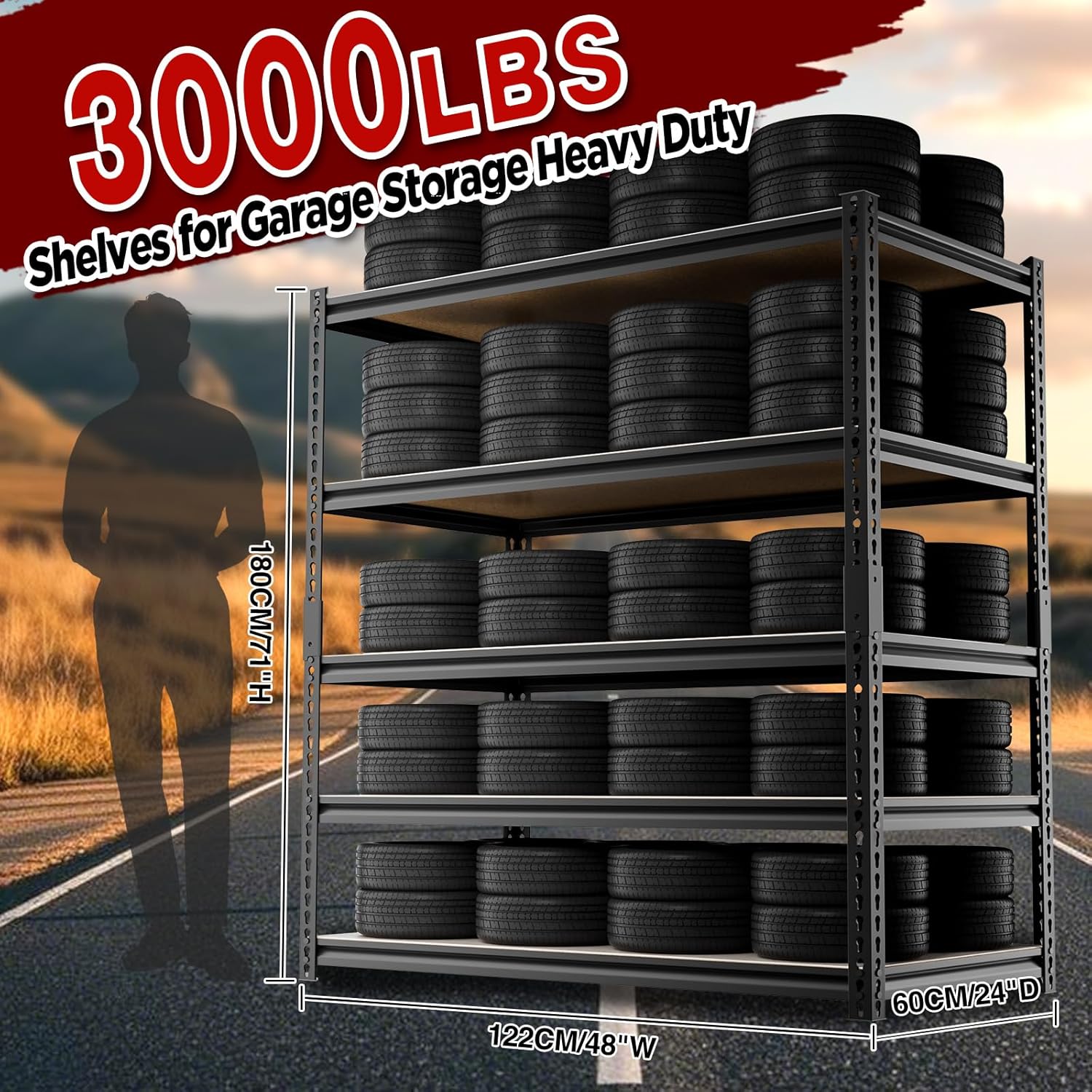 5-Tier Heavy-Duty Garage Shelving 48”W X 24”D X 71”H 3000LBS Capacity Industrial-Grade Shelving Adjustable Metal Shelves Includes Matte Polypropylene Spacers (Black) 2 Pack
