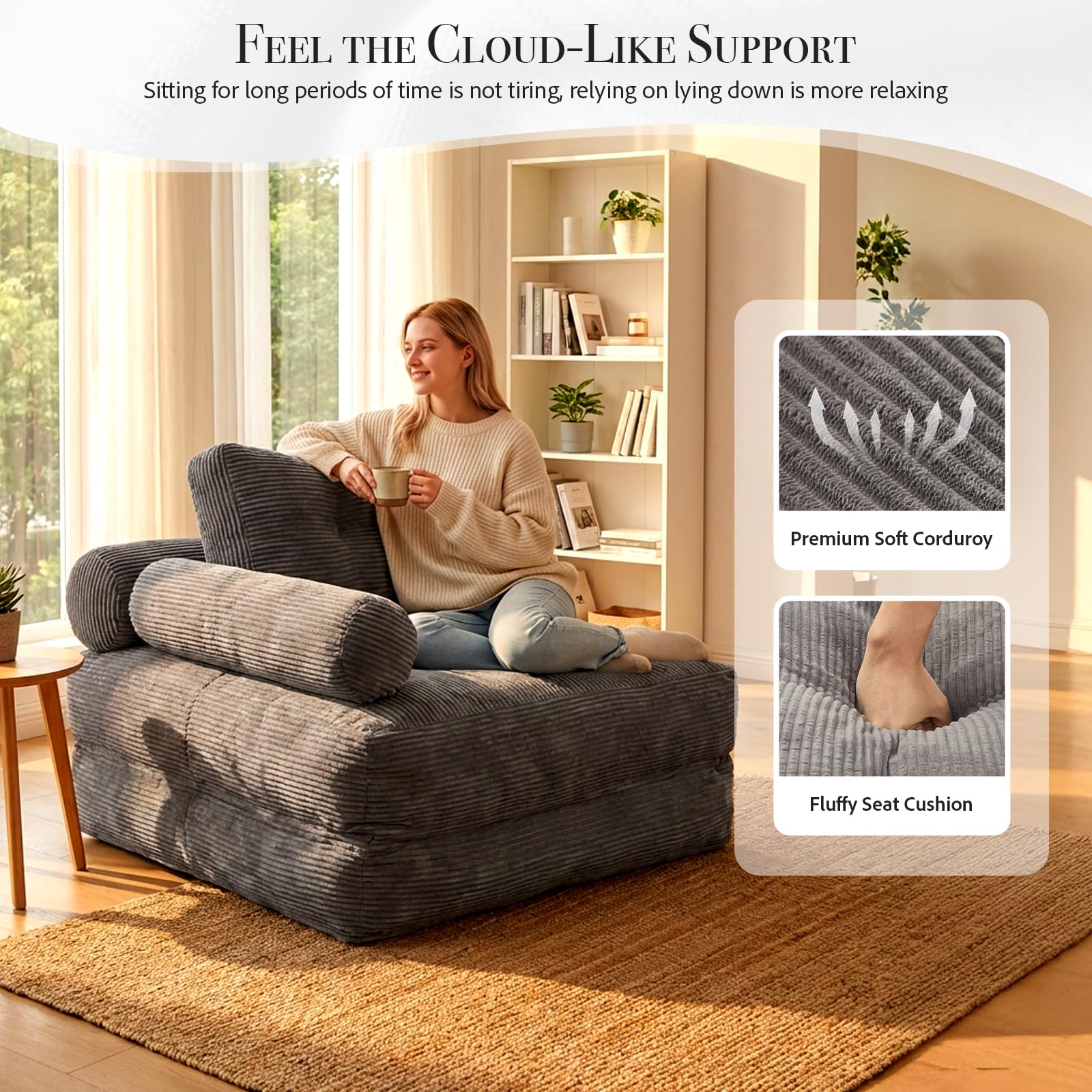 Klappsofa Schlafsofa, 4-in-1 faltbares Sitzsack-Sofa mit verstellbaren Armlehnen, Boneless Couch als Gästebett, Gaming-Sessel & Lounge-Sofa für kleine Räume, Wohnheim (Grau)