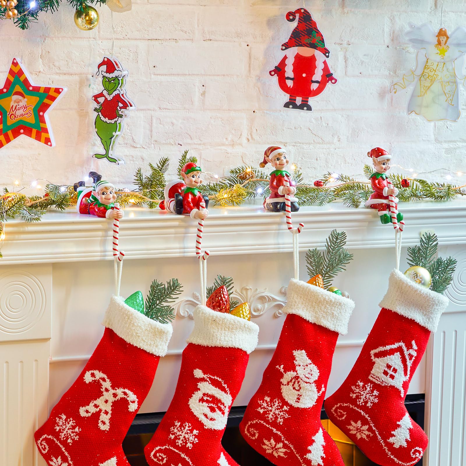 Christmas 3D Elves Stocking Holders for Mantle, Set of 4 HandPainted