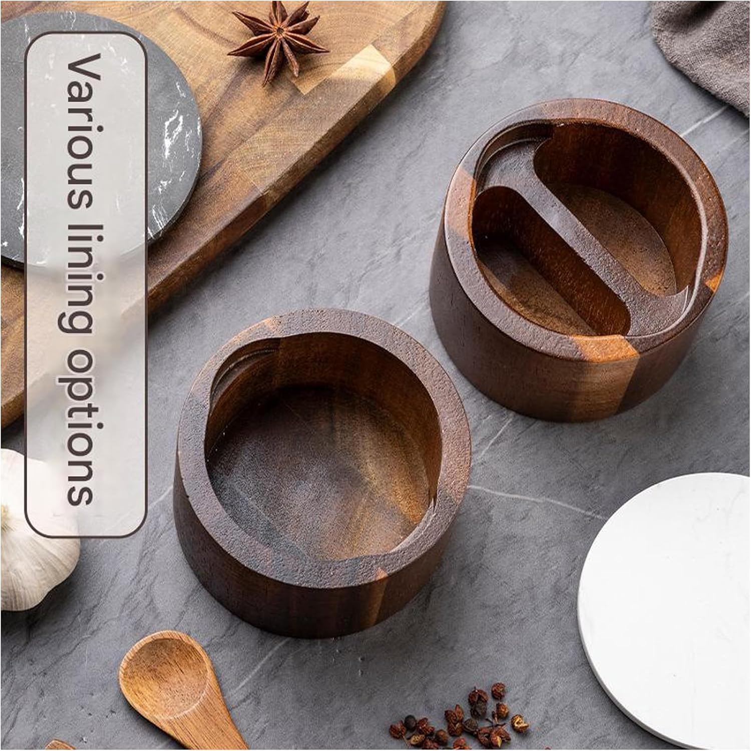 Stylish Wooden Seasoning Jar Featuring Marble Cover and Attached Spoon for Cooking Wooden Salt Jar with Spoon Portable Seasoning with