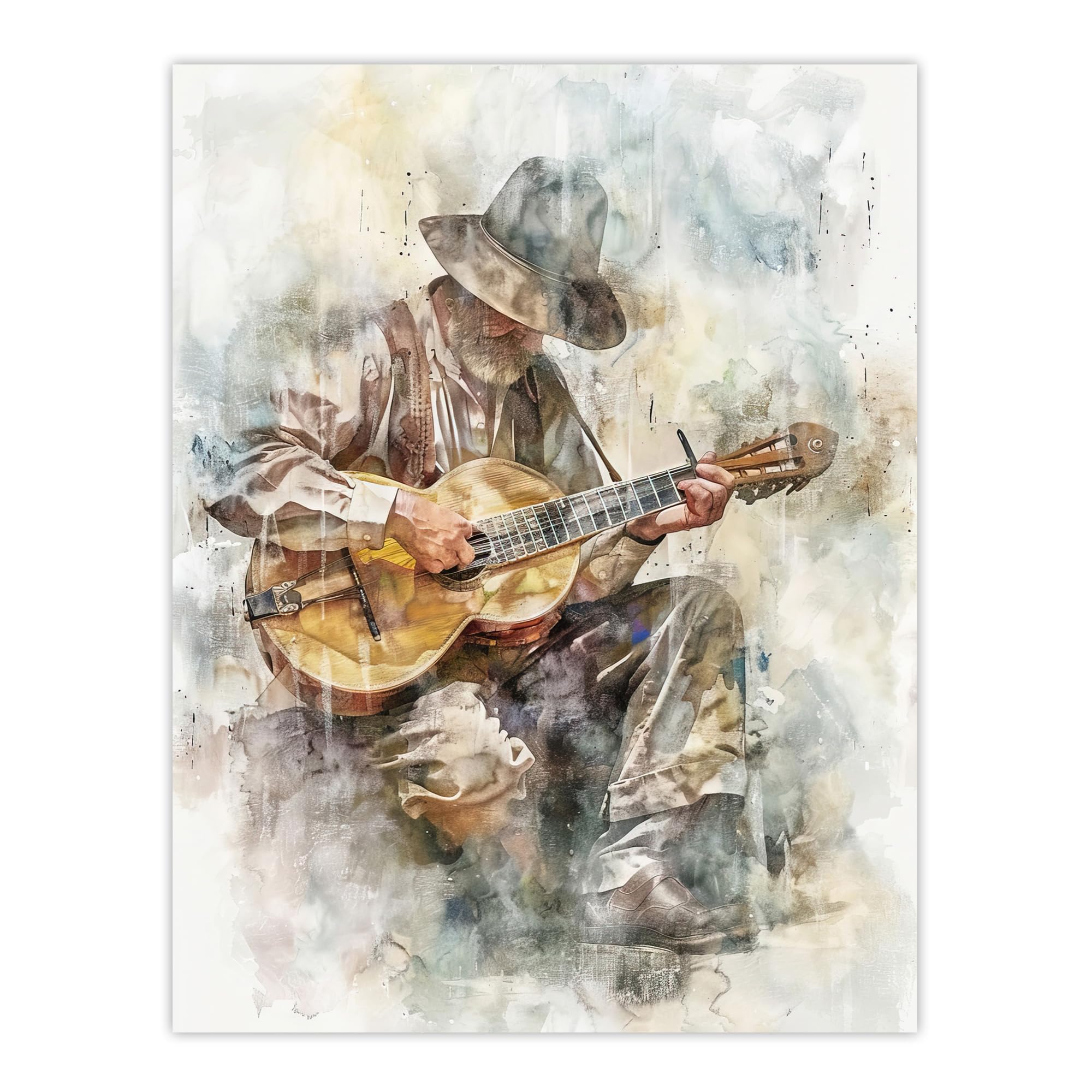 Artery8 Country Music Guitarist Watercolour Portrait Living Room Large Wall Art Poster Print Thick Paper 18X24 Inch