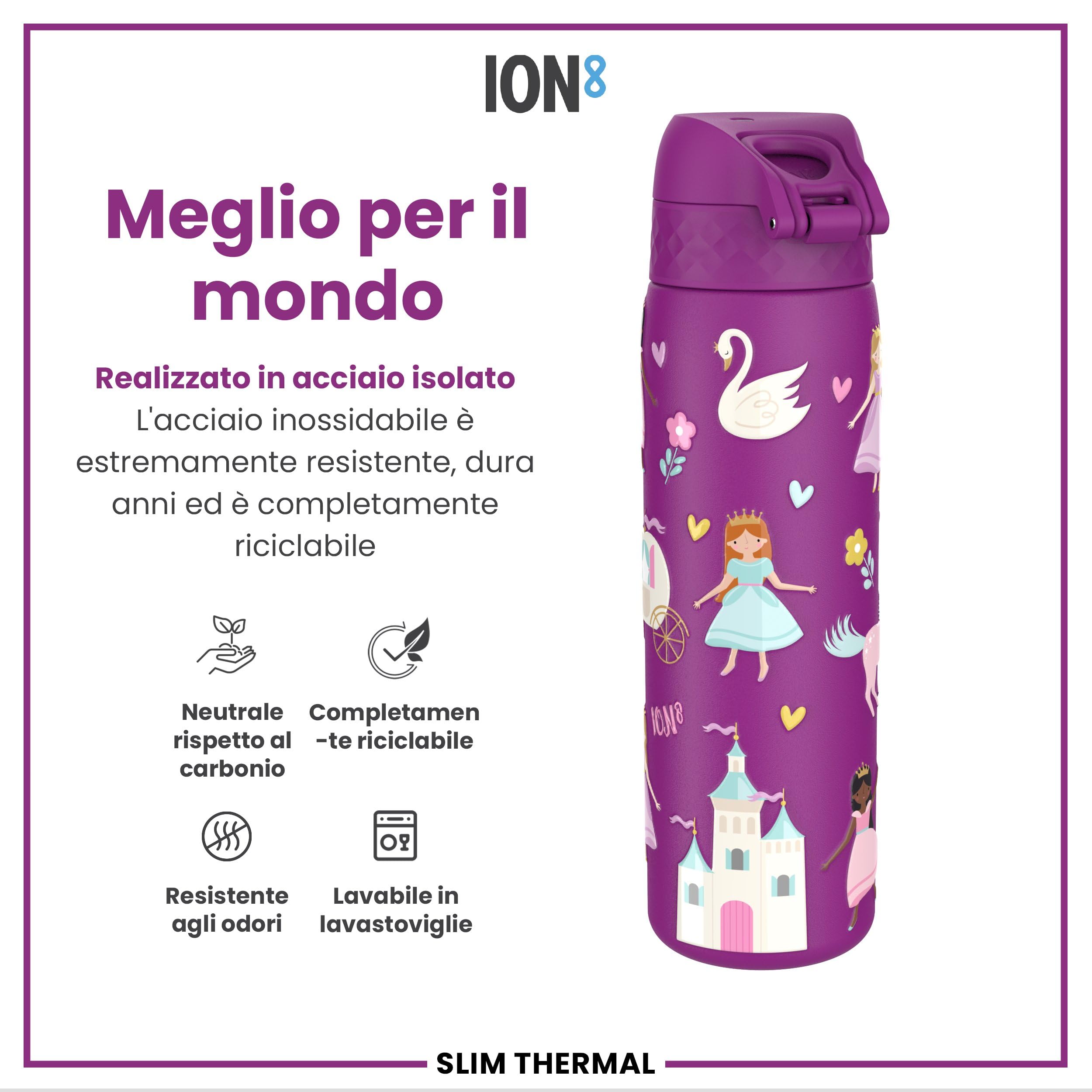 Ion8 Borraccia Termica in Acciaio Isolato, 500ml, a Prova di Perdite, Facile da Aprire, Serratura Sicura, Lavabile in Lavastoviglie, Maniglia per il Trasporto, Facile Pulizia, Durevole, Principessa