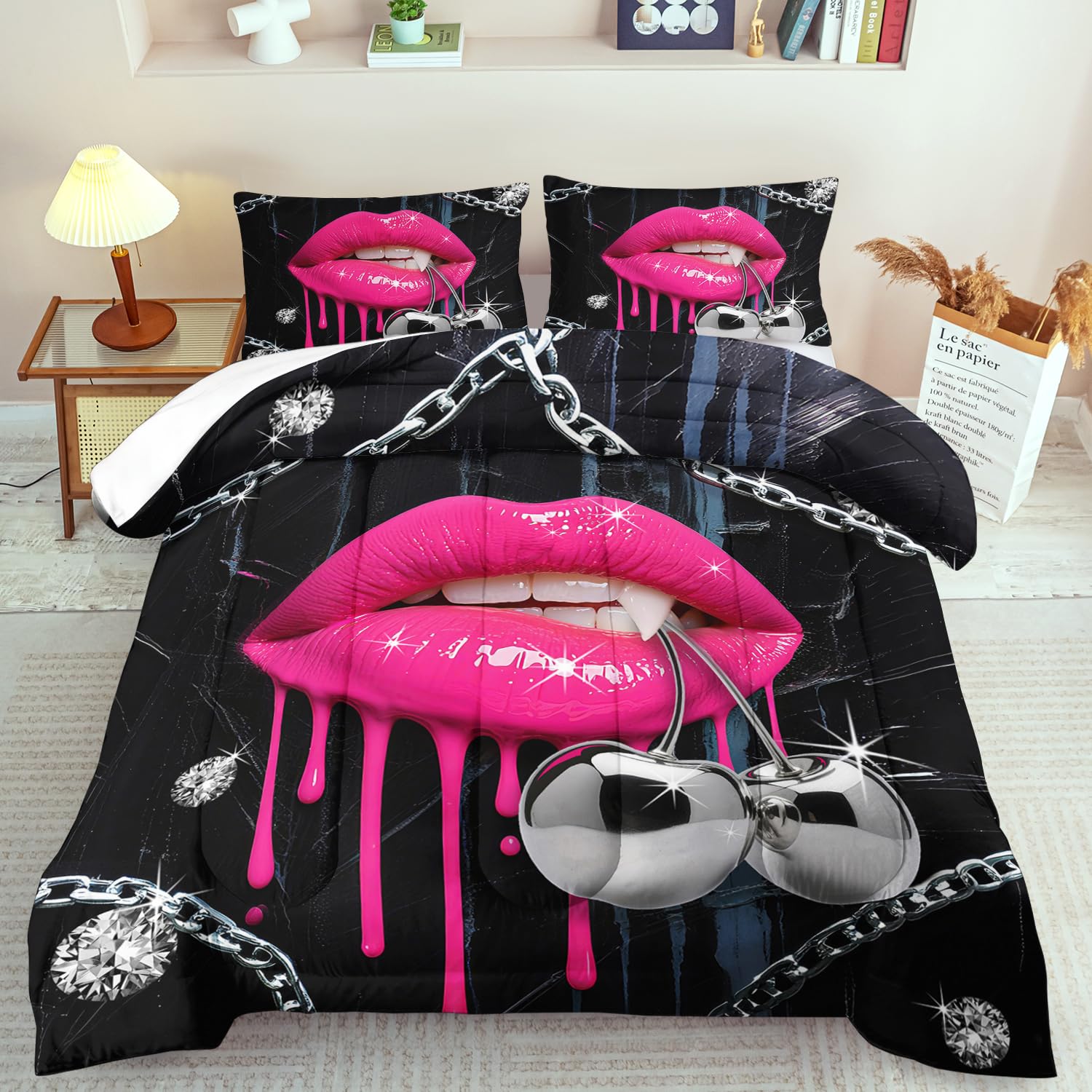 Pink Lips Comforter Set Queen Girls Goth Fashion Comforter Set Couple Black Goth Bedding for Women Vampire Bedding for Home Girls Vampire Bedroom Decor Elegant Home Decor
