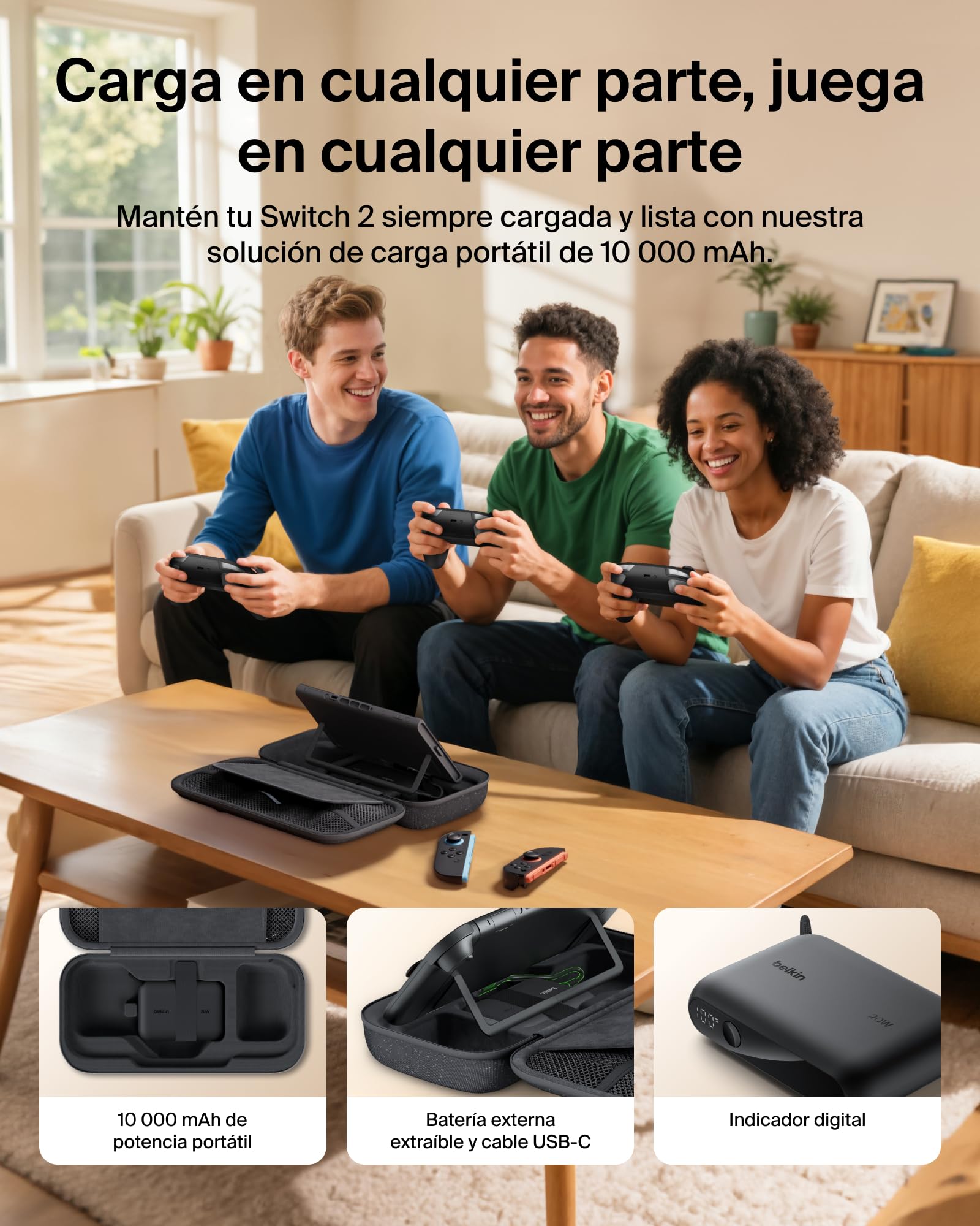 Belkin Gaming Funda para Nintendo Switch 2 con Batería Externa extraíble de 10000mAh, Pantalla LCD, Carga rápida 20 W para Nintendo Switch 2, Compartimentos para AirTag y Juegos físicos Carbón