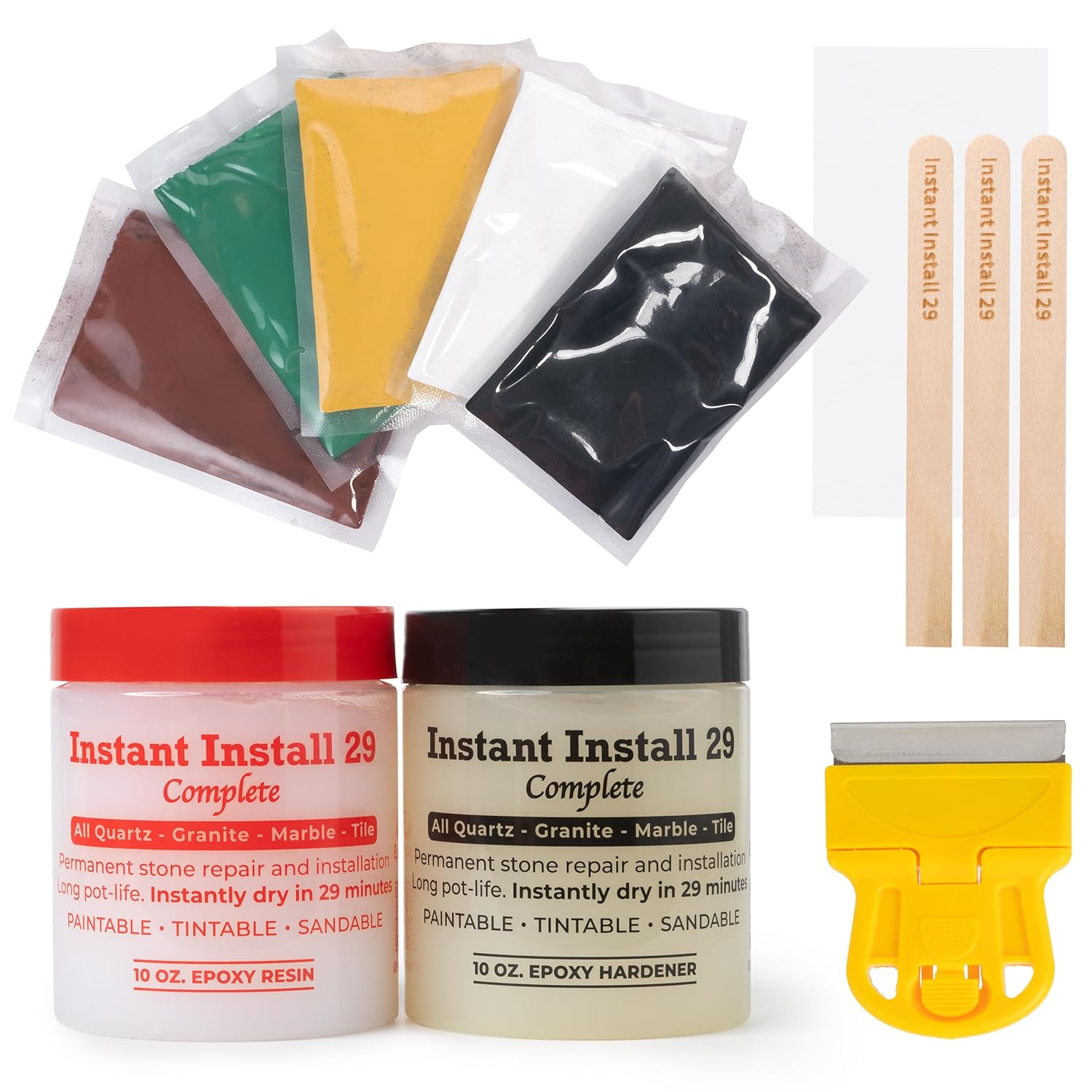 Product image of Instant Install 29 Complete - 20 oz Epoxy Permanent Repair Kit with EZ-Tint 10 g 5-Pack, Mixing Sticks, Razor, & Shaping Strip - Granite, Marble, & Tile - Rebonds & Rebuilds - Dry in 29 Minutes