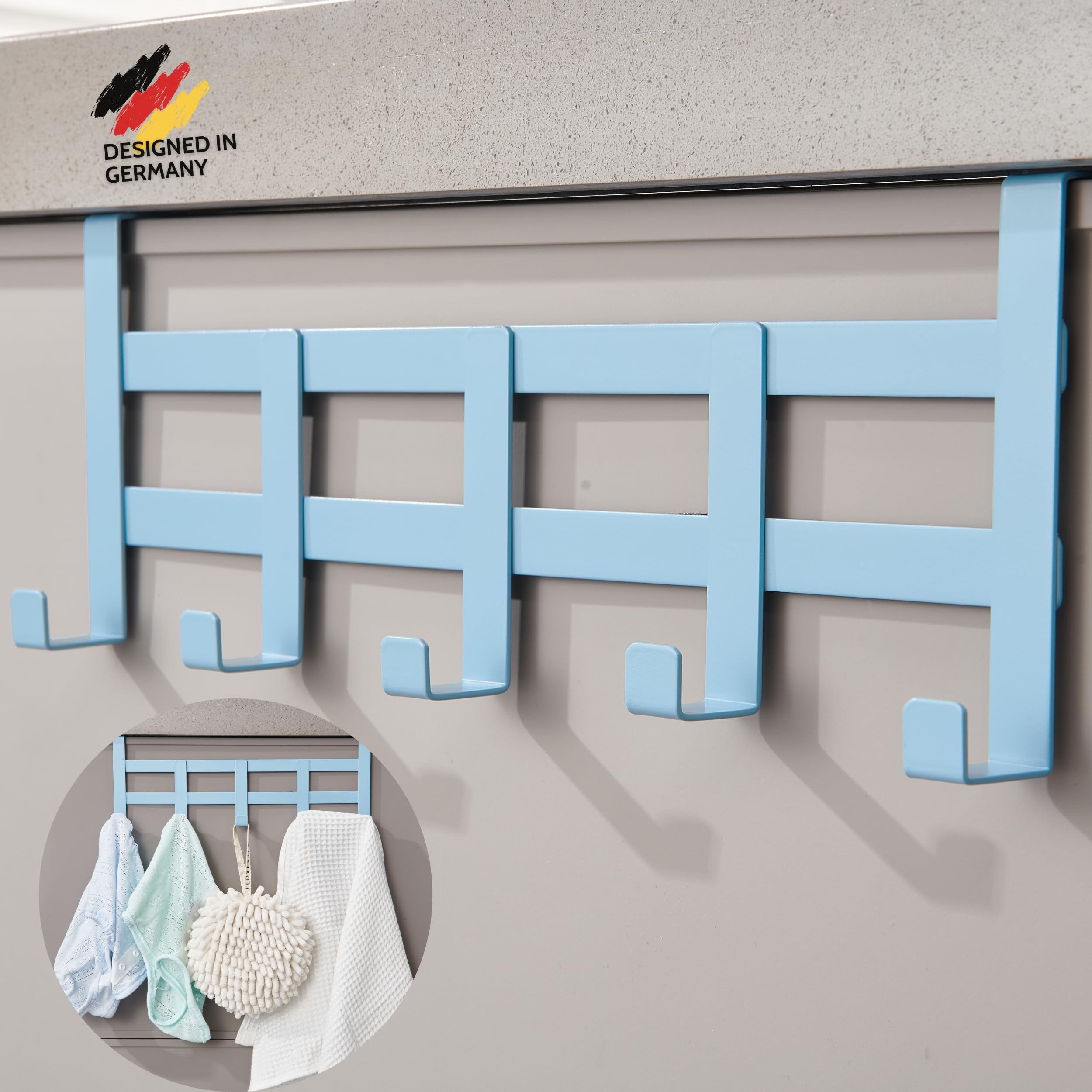 DEKAZIA® Türgarderobe Blau zum Einhängen – Bunte Kleiderhaken, Hakenleiste & Garderobenhaken – Praktischer Türhänger mit Türhaken für Kinderzimmer Türhakenleiste