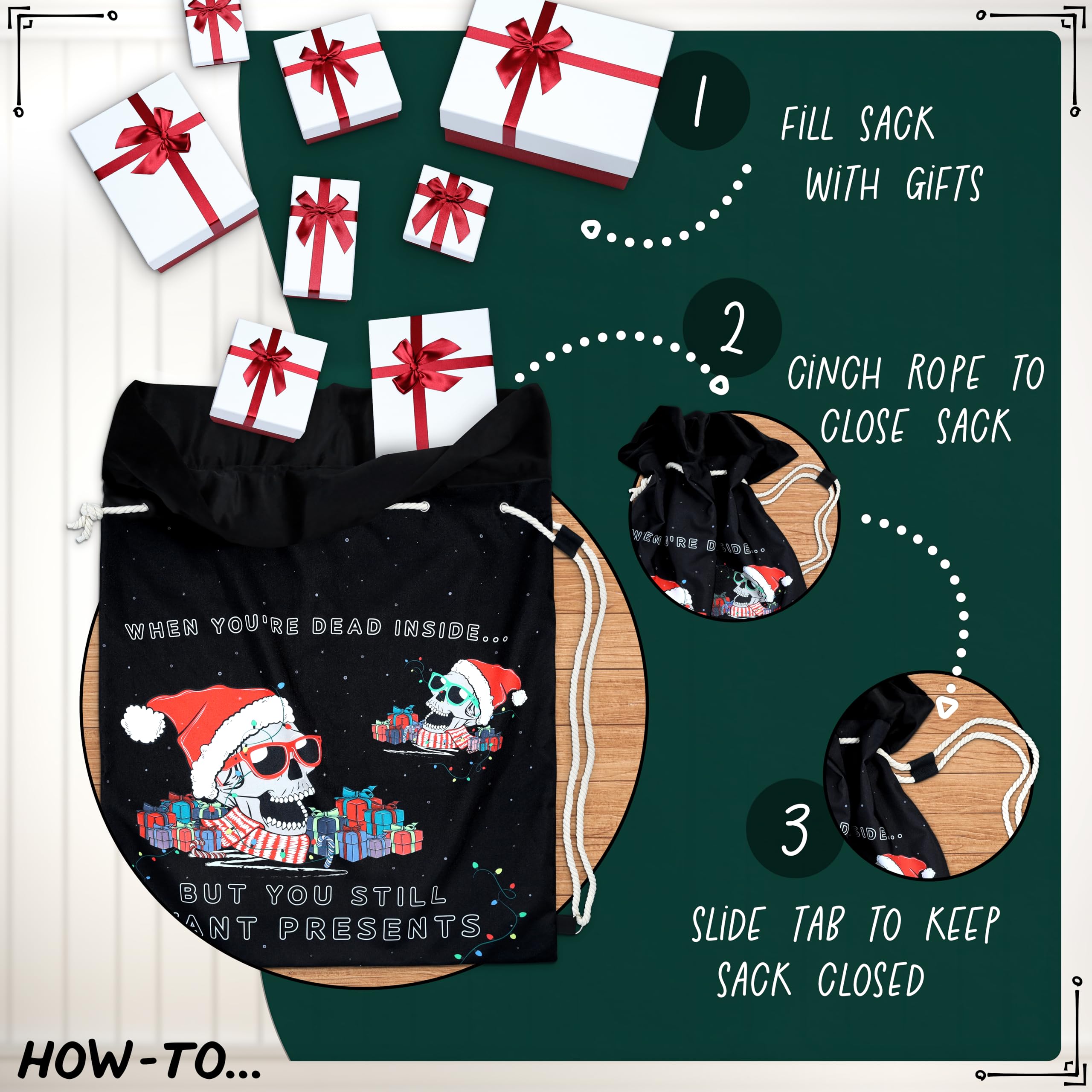 Saco de Papá Noel negro, divertidas cabezas de esqueleto de calavera, lona de algodón, ribete de terciopelo negro, bolsa de Navidad gótica, paquete de hombro de Navidad de lujo, tamaño grande, 30 x 24