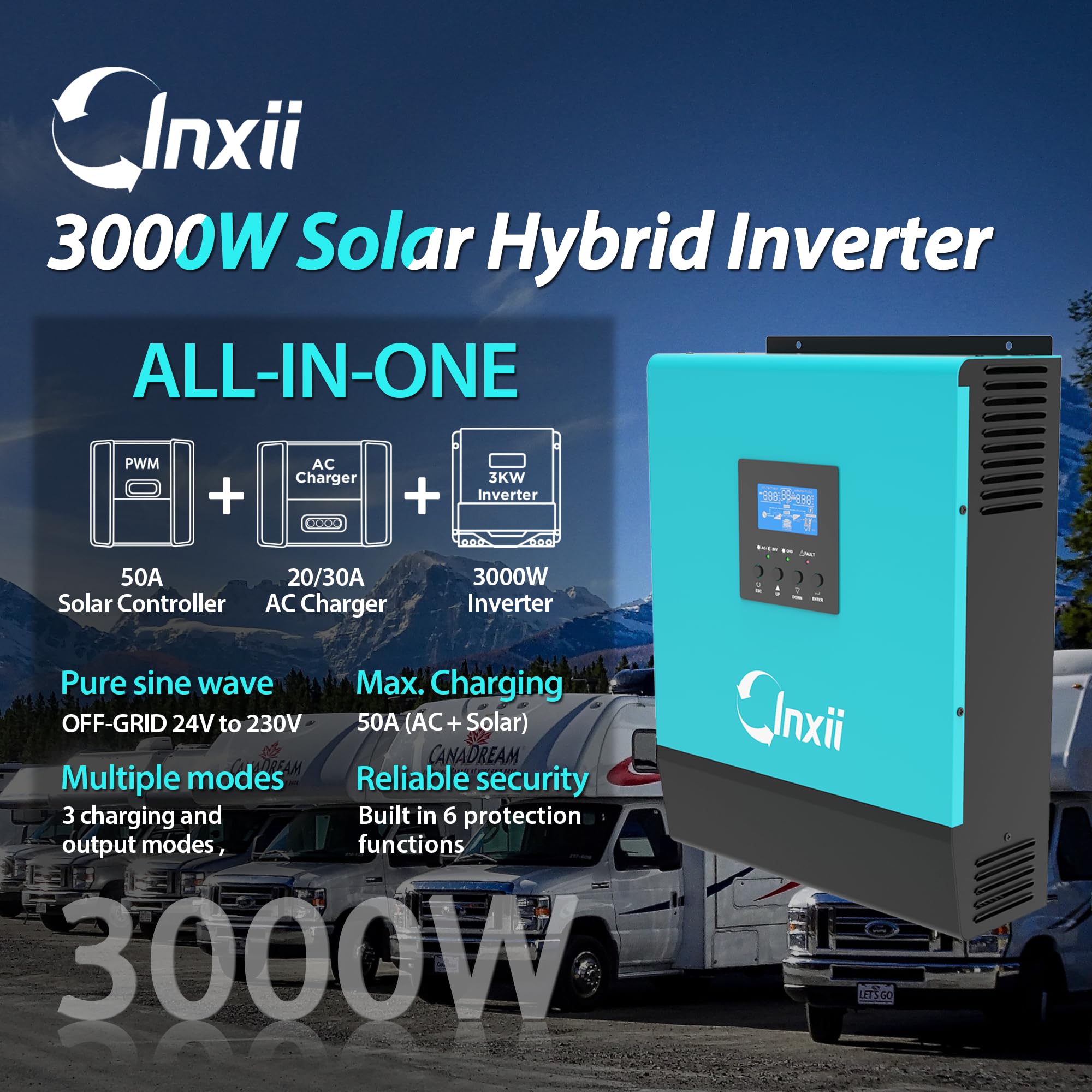 Onduleur hybride 3000w 24V 230V avec régulateur solaire 50A PWM 4 modes de fonctionnement : charge solaire, priorité actuelle, priorité solaire, charge hybride