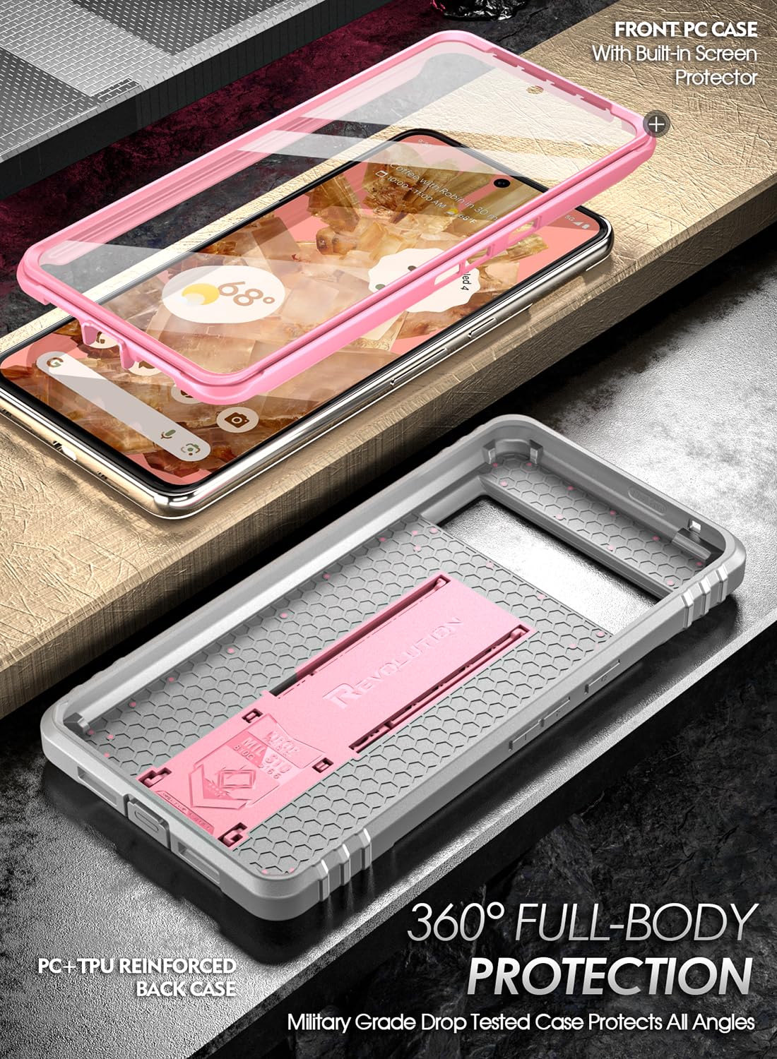 Poetic Revolution Coque compatible avec Pixel 8 5G 6,2", [testé contre les chutes de 6,1 m, qualité Mil-Grade Testé], coque intégrale robuste antichoc avec béquille et protecteur d'écran intégré, rose