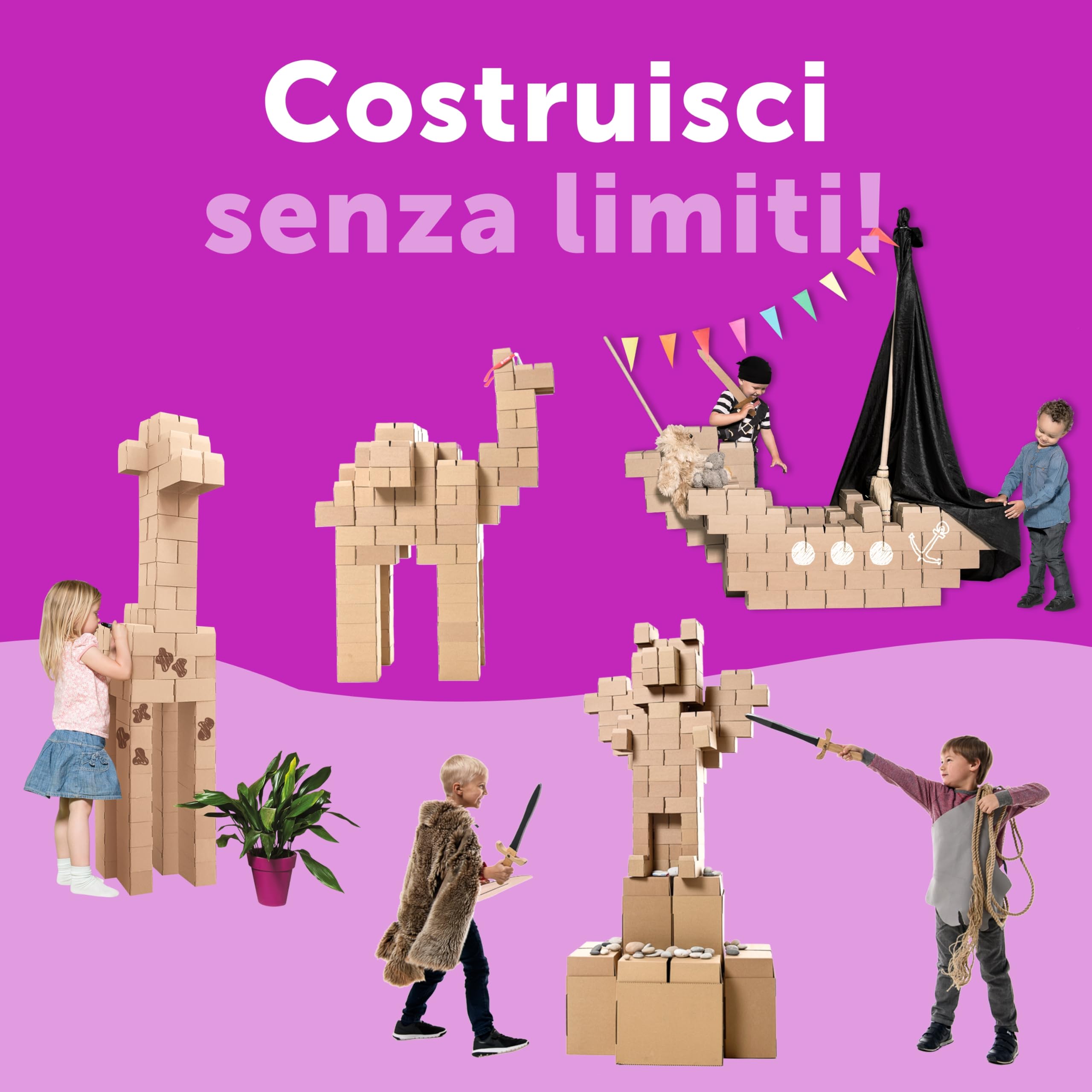 GIGI BLOKS 96 Mattoncini Costruzioni Grandi per Bambini XL Impilabili & Incastro | Cartone Blocchi Costruzioni per Bambini Robusti e Facili da Montare | Grandi Giochi Montessori Creativi & Educativi