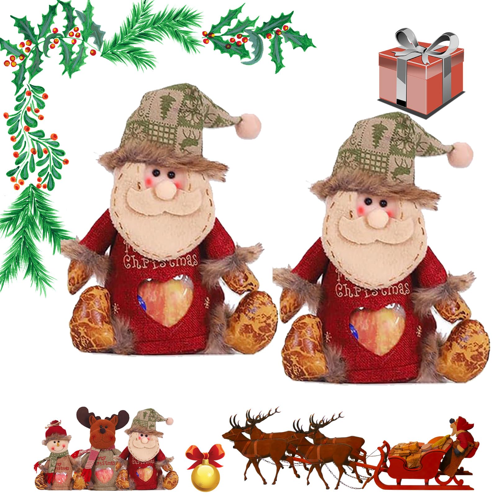 Christmas Gift Bags Zipper Design, Christmas Gift Doll Bags with Drawstring, Small Christmas Gift Bags, Santa Snowman Doll Storage Bag,Reusable Fabric Xmas Favor Bags (2Santa)