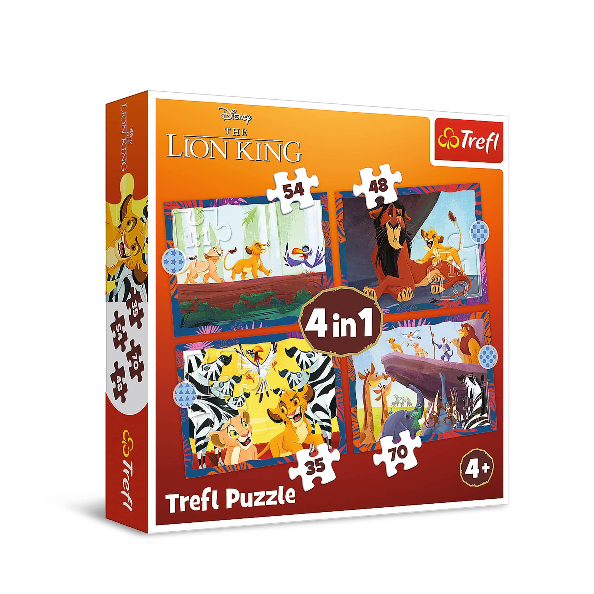 Trefl - Puzzle od 35 do 70 Elementów, 4w1: Odważny Król Lew, 4+ | Zestaw 4 Układanek, Różny Stopień Trudności, Rozwój Koncentracji i Spostrzegawczości, Wysoka Jakość, Idealny Prezent