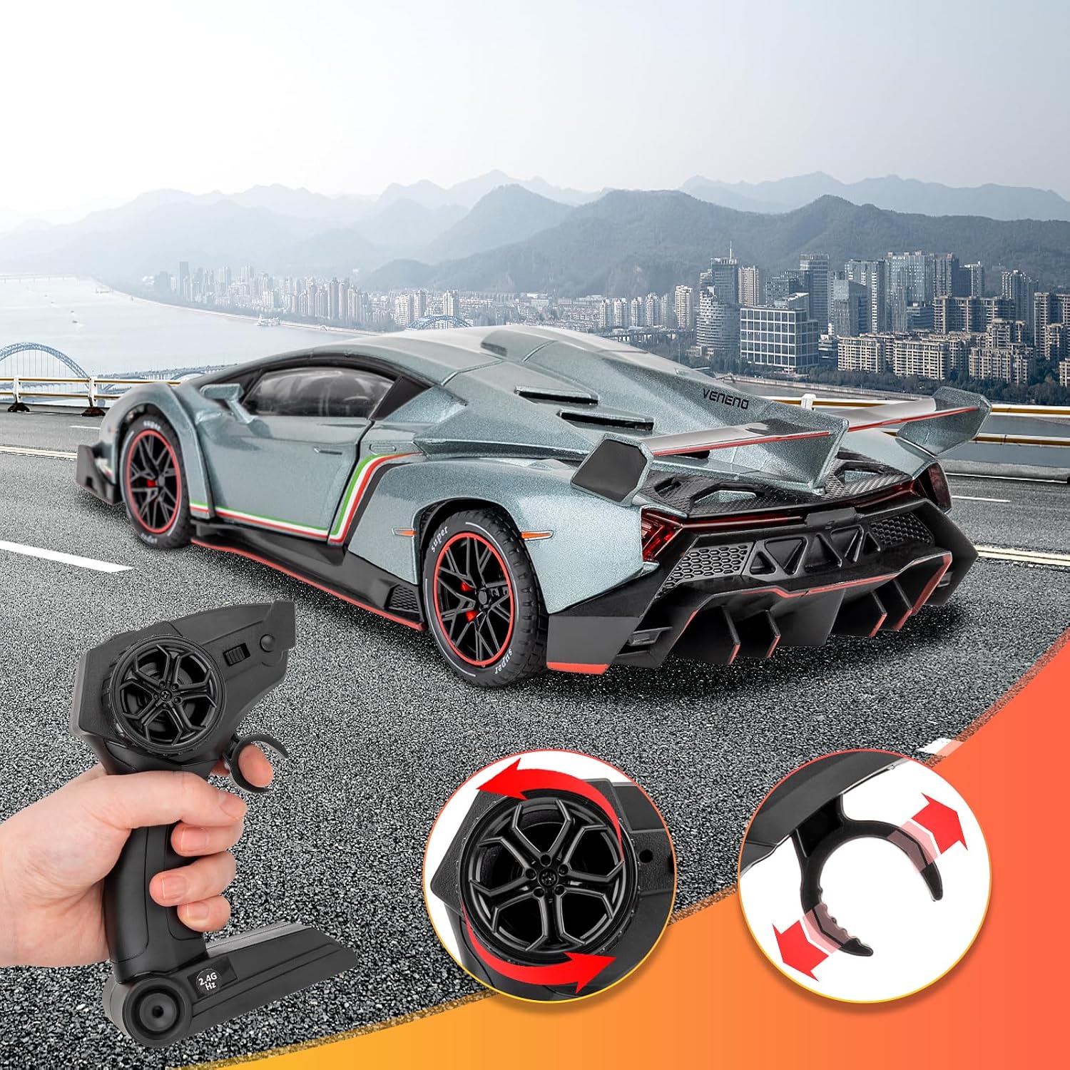 RC Lambo Veneno Car Toy, 2.4GHz RC Drift Car with Sound and Light, 1:24 Scale Electric Sport Racing Hobby RC Model Cars (Gray)