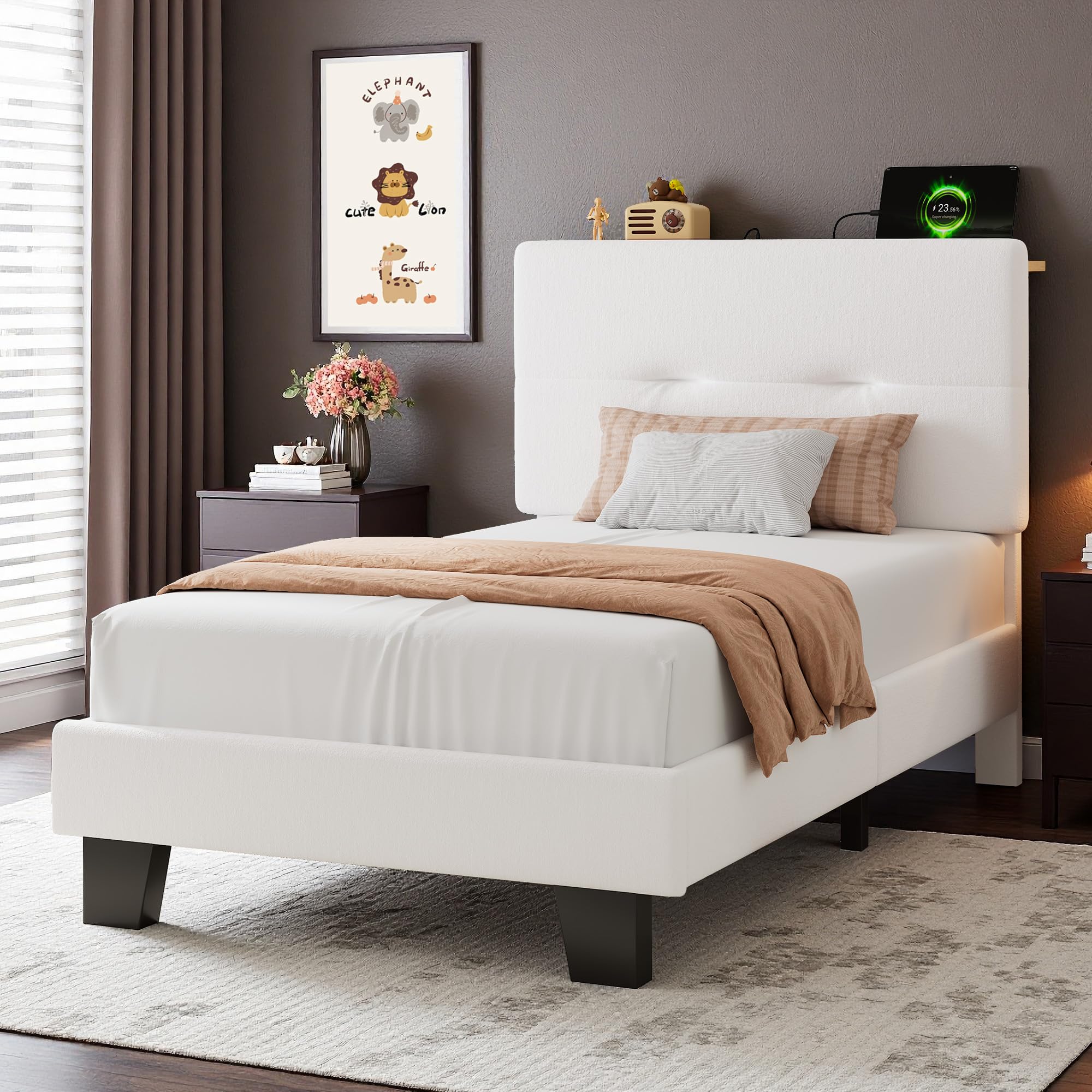 Feonase 3ft Single Bed Frame with Storage Velvet Headboard, Upholstered Single beds with Charging Station, Sturdy Wooden Slat Support, Easy Assembly, Beige