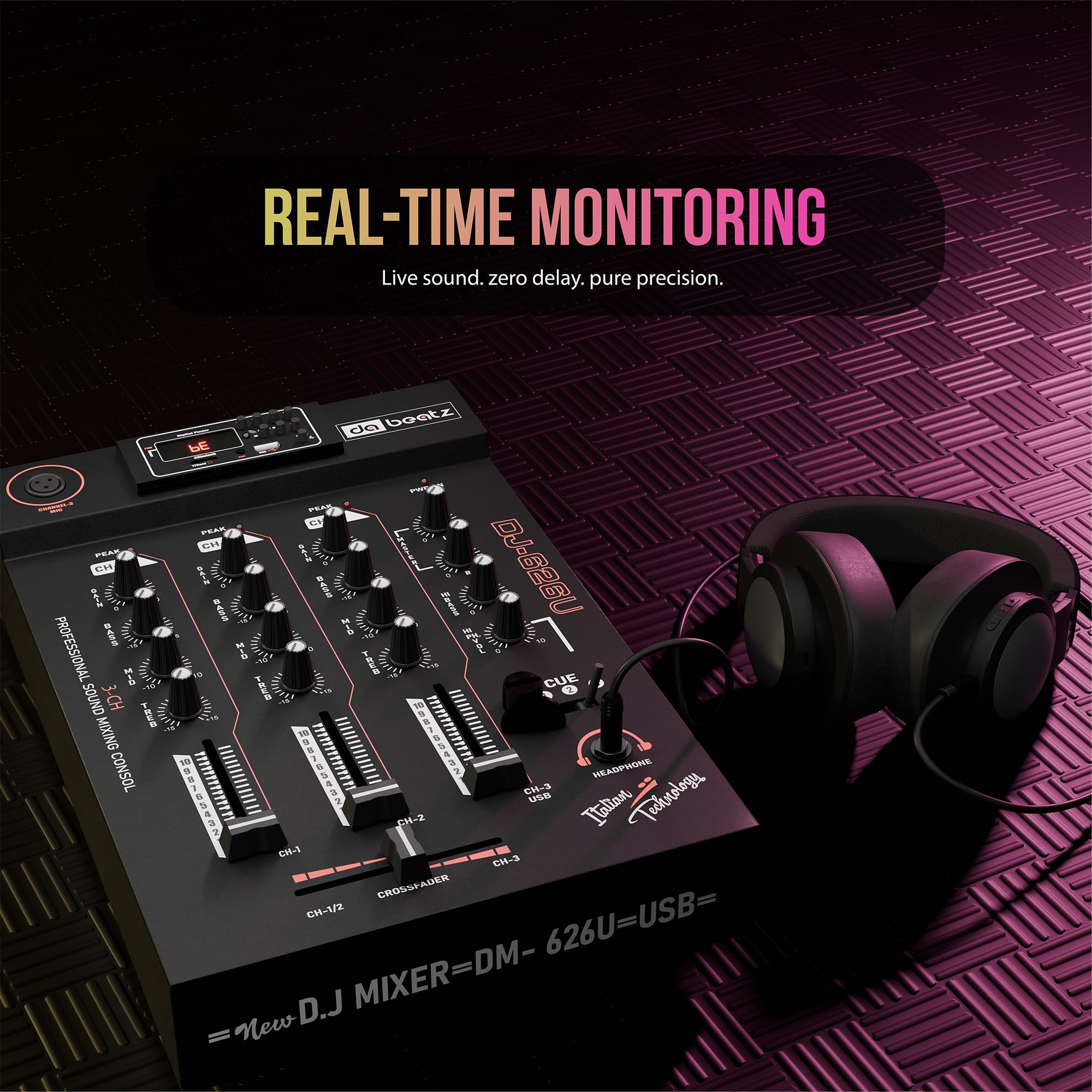 DaBeatz DJ 626U- 3 Channel dj mixer, Audio Mixer With Digital Echo