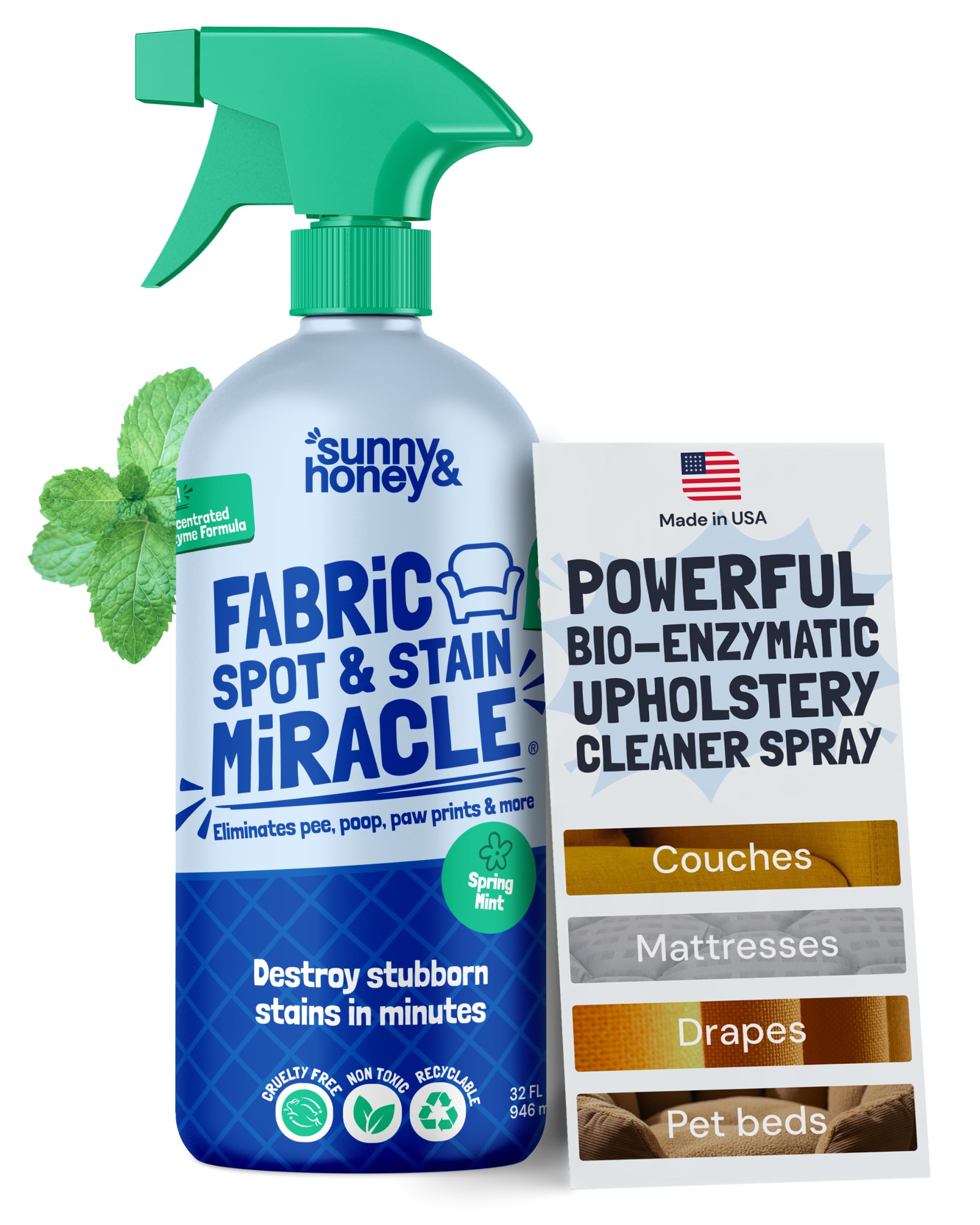 Sunny & Honey Upholstery Cleaner for Furniture - Carpet Stain Remover Spray - 32 Oz, Mint Scent - Pet & Baby Safe Fabric Cleaner