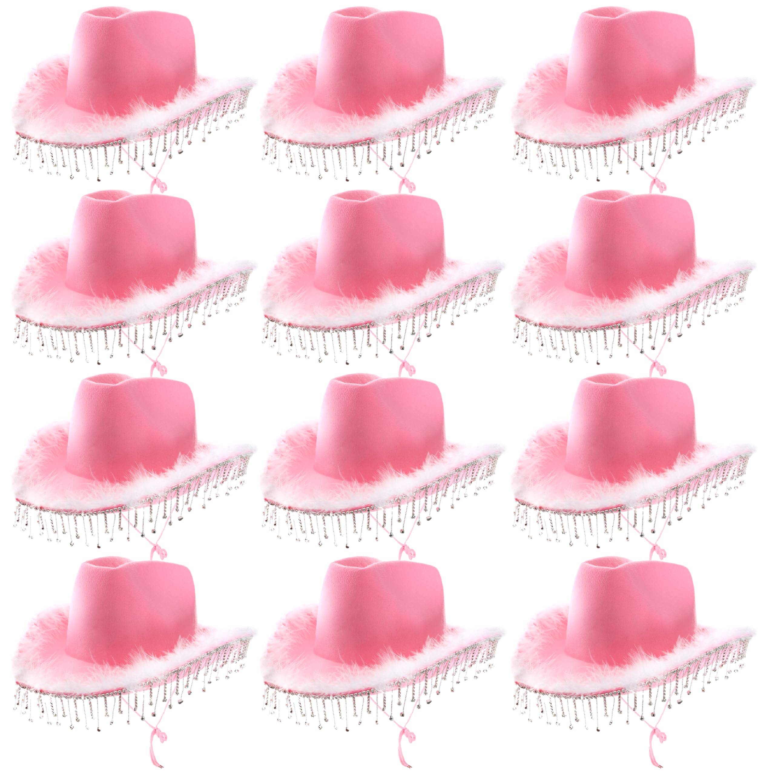 Diamanté & Marabou Cowgirl Hats - Pack of 12 - Pink Felt Cowboy with Marabou Trim & Diamanté Detailing - Adults Feather Trim Glitter Bling Cowgirl Hat - Western Party Fancy Dress Accessory