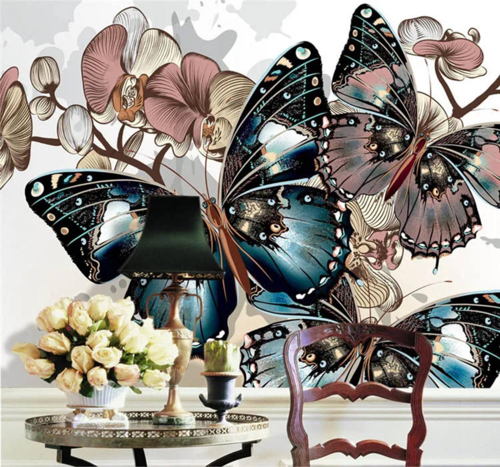 Wallpaper-3D-Xlm 350Cm×256Cm(B×H) Beautiful Three Dimensional Butterflies Orchids Flowers 3D Wallpaper Easy Install Feature Office Living Room Sofa Bedroom Tv Background Wall Decoration-350Cm×256Cm