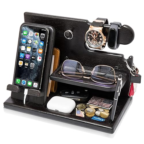 TESLYAR Wood Phone Docking Station - Gifts for Men - Desk or Nightstand Organizer - Birthday Gift for Husband, Dad - Anniversary Idea from Wife - Key Holder, Stand Wallet & Essentials (Granite Black) - Granite Black
