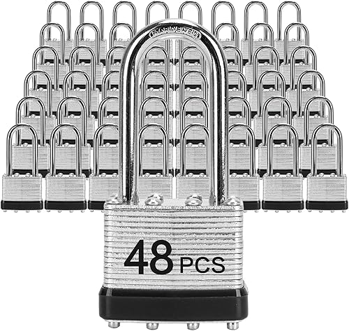 Miniatura 7 de LQYN Candado laminado con llave (1-916 pulgadas, 1.575 in), cerraduras iguales con llave, aro azul, grillete largo, paquete de 60, cerradura para