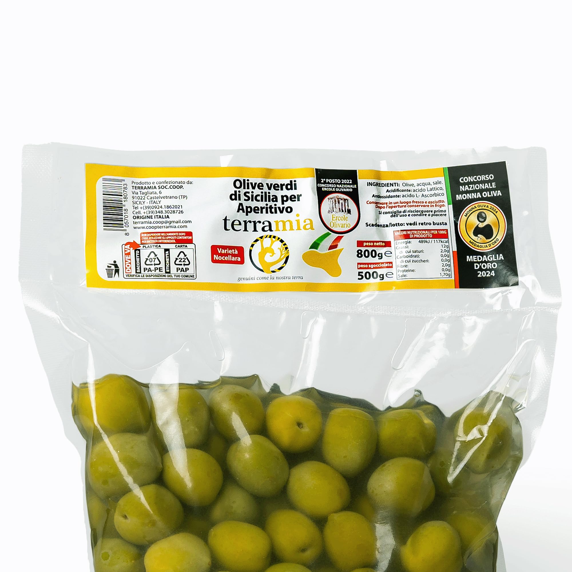 Italienische Oliven mit Knochen in 4 Beuteln à 500 g (Grüne Oliven in Salzlake 4 Beutel à 500 g) Gewinner des nationalen Monna Oliva-Preises