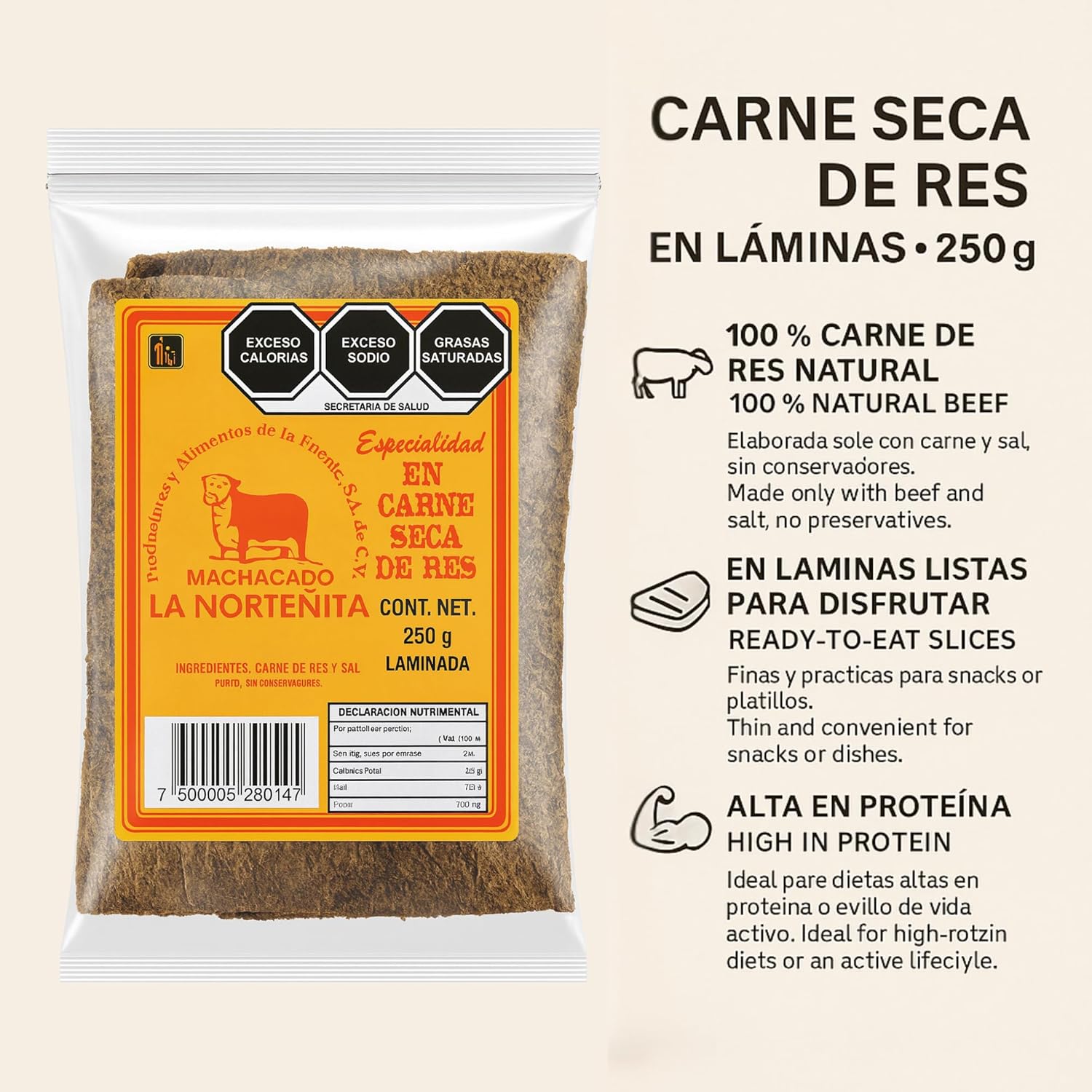 Sliced Beef Jerky LA NORTENITA Machacado Carne Seca de Res Laminada 250g (8.8 oz) Authentic Mexican Dried Beef Thin Cut High Protein Snack Traditional Flavor Ready to Eat Keto Friendly Mexican Food