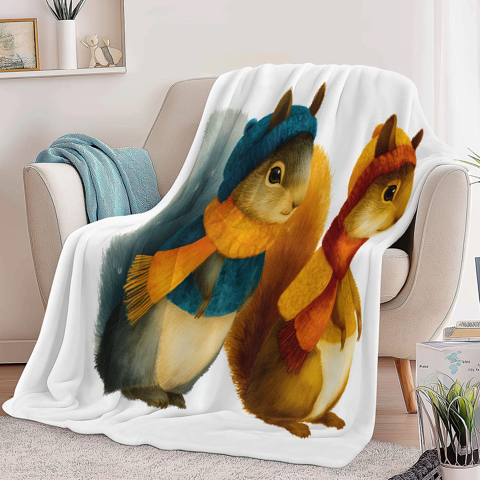 Zwierzęta z kreskówki, nadruk wiewiórki, koc dla dzieci, biały, miękki, przytulny, puszysty, flanelowy koc dla dziewcząt, 220 x 240 cm, ciepła pościel polarowa na sofę, kanapę, prezent urodzinowy, 220