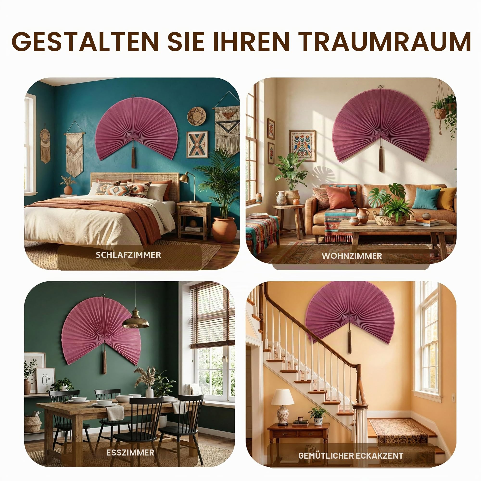 Handgefertigter großer Bambus-Wandventilator, beige dekorativer Ventilator zum Aufhängen an der Wand, Kopfteil oder Wohnzimmerdekor - gewebte Bambuskunst, Boho- & asiatisch inspirierte Heimdekoration