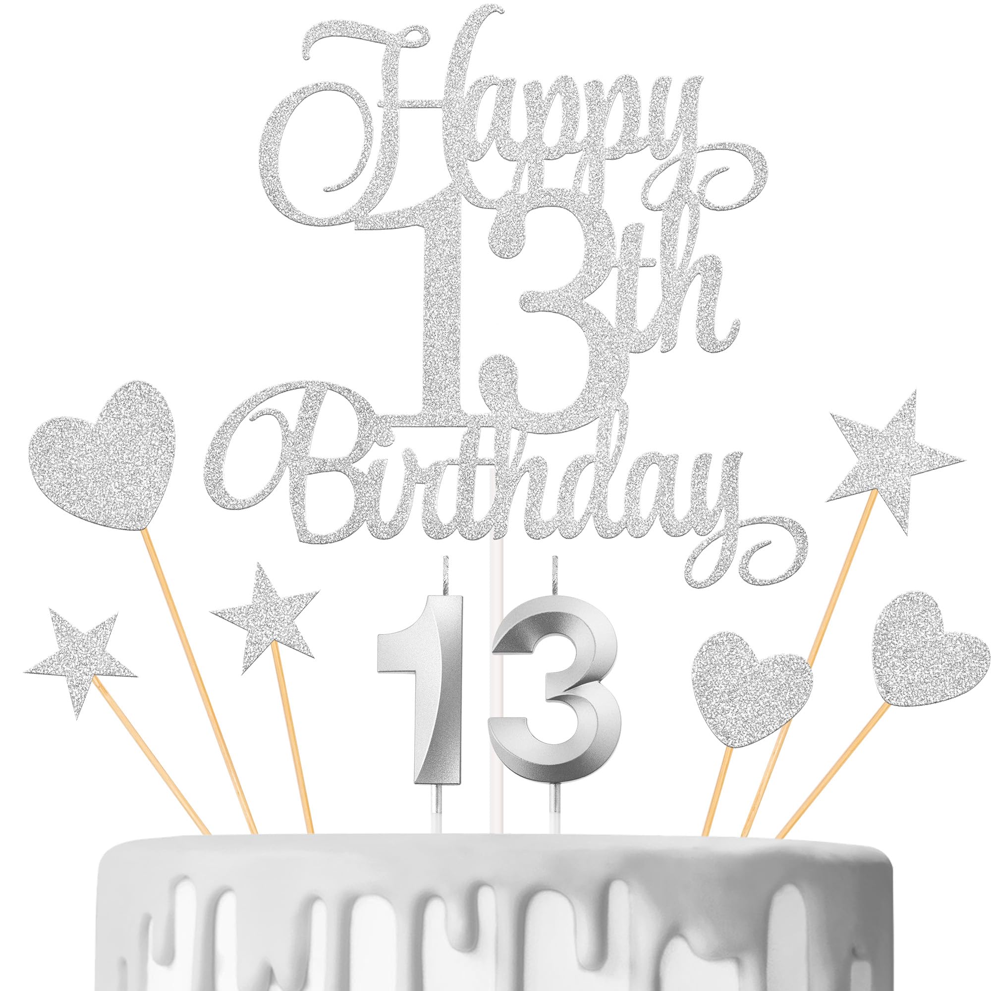 Lecferrarc 13th Birthday Cake Decorations, 13th Birthday Candles Cake Numeral Candles and Glitter Happy 13th Birthday Cake Toppers Set for Birthday Party Supplies (Silver)