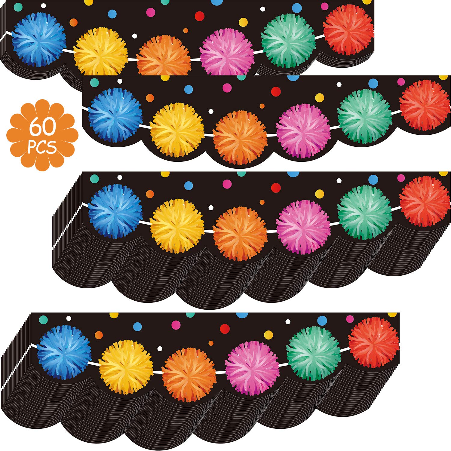 60 Pieces Pom Poms Bulletin Board Border Rainbow Colored Trimmer Die Cut Border Trim Labels Bulletin Board Classroom Decor Stickers Table Desk Self Adhesive Scalloped Border for Birthday School Party