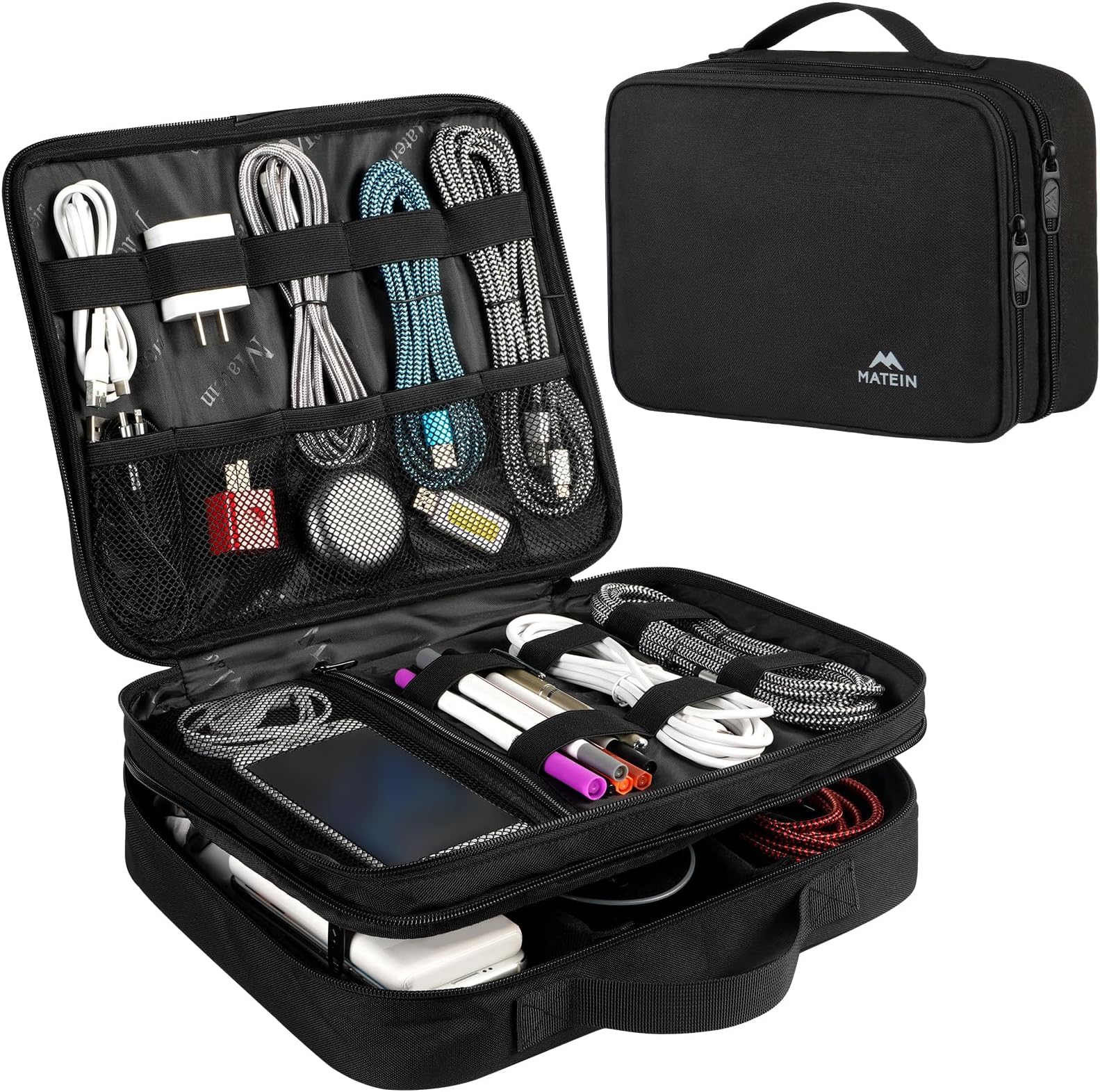 Cable Organizer Bag, Large Travel Storage Bag Sturdy Tool Case with Handle for Phone Cord Electronics Accessories, Carrying Case for Tablet (Up to 12.9inch), Powerbank, Hard Drive, Black