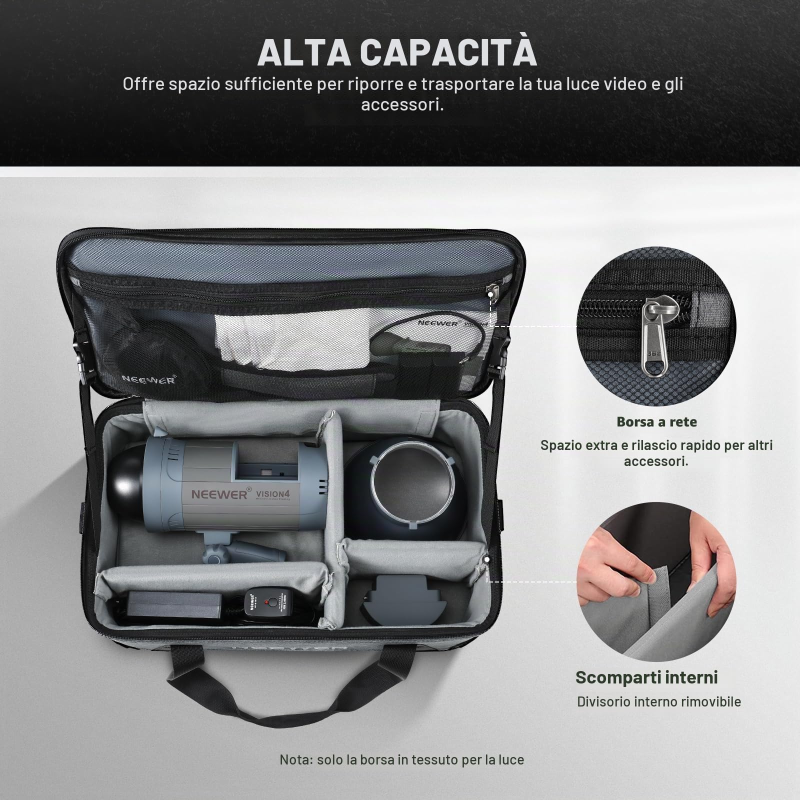 NEEWER Borsa Trasporto con Imbottitura Schiuma Mobile per Studio Light Q300 Vision 4 ML300 CB60B RGB CB60 MS60B MS60C MS150B, Borsa da Viaggio in Tessuto Oxford Resistente con Tracolla e Manico, PB5