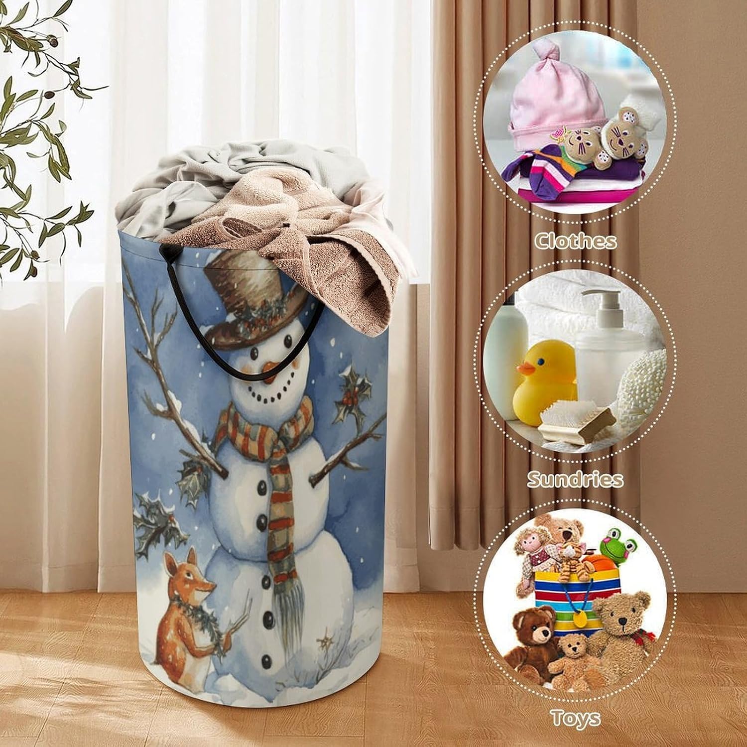 Large Laundry Hamper with Handles Winter Snowman Laundry Basket Freestanding Waterproof Clothes Hamper for Living Room Bedroom Bathroom College Dorm