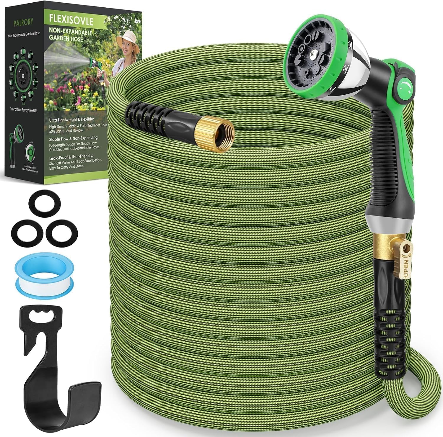 Non-Expandable Garden Hose 100 ft, Ultra Lightweight Flexible Water Hose with 10-Pattern Nozzle, Leak-Proof, High-Density Fabric, Thickened Connector, Shut-Off Valve for Yard, Lawn, Outdoor - Image 9