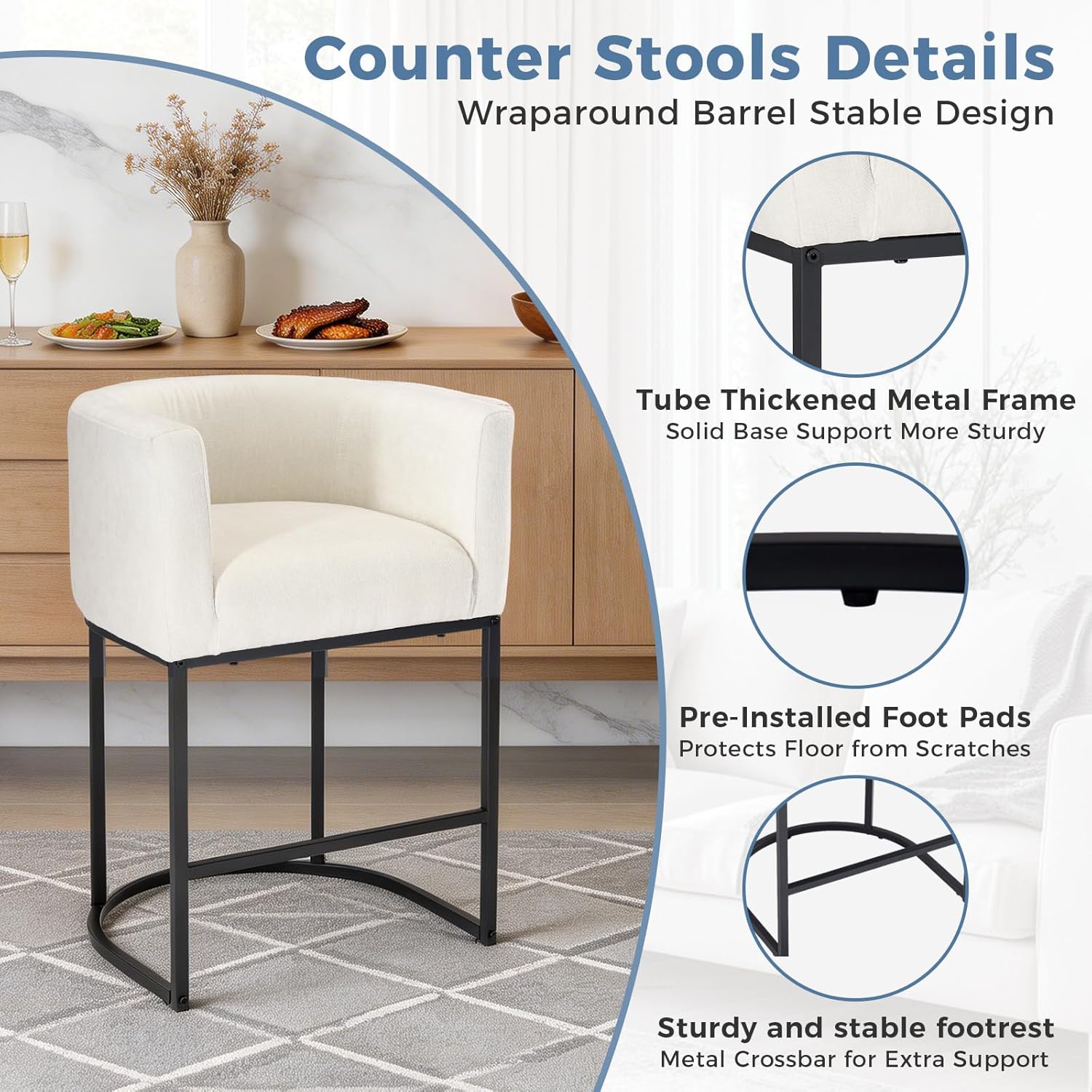 DUMOS Barrel Bar Stools Set of 2, Modern Counter Height Barstools with Linen Fabric Upholstered Seat, 350lbs Capacity Kitchen Island Chair, Bar Stools with Metal Sled Base and Footrest, Beige