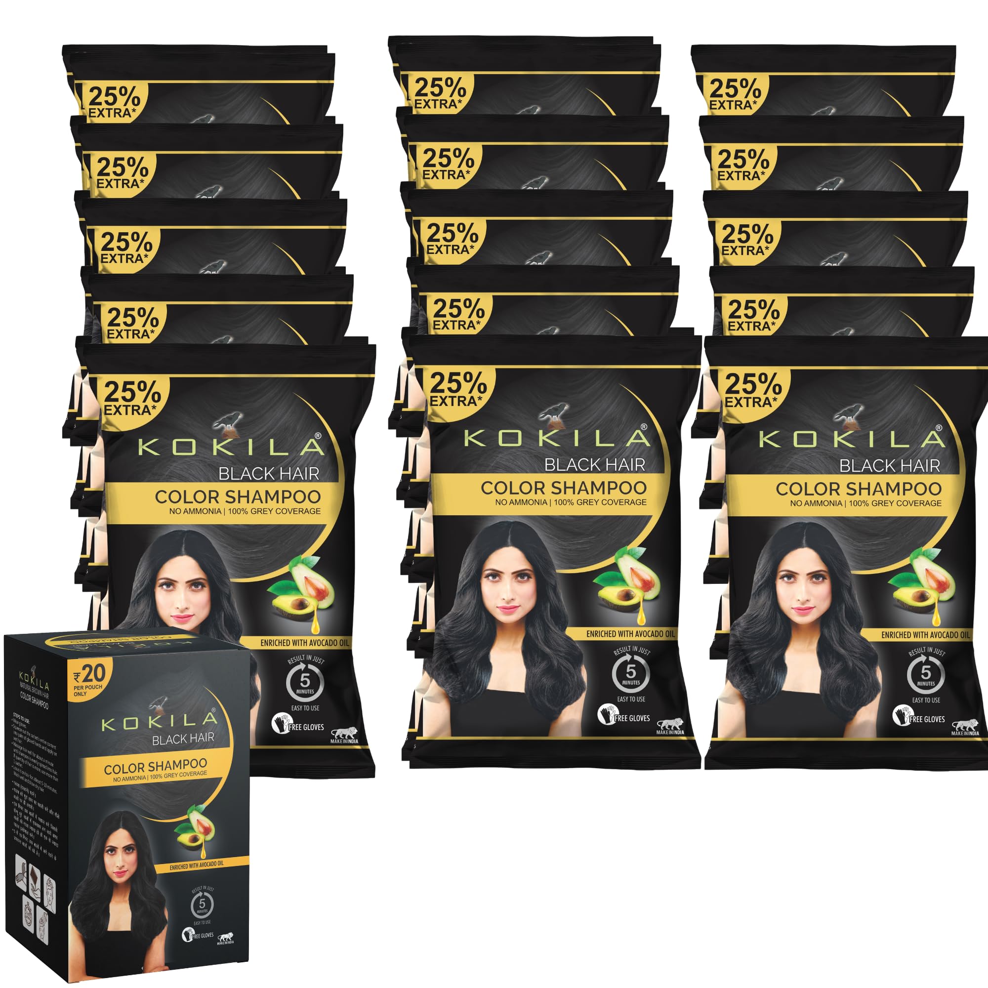 Kokila Unisex Hair Color Shampoo Enriched With Almond Oil in Just 5 Minute, Long-Lasting Instant Hair Color Black Pack of 15 (18ML Each)