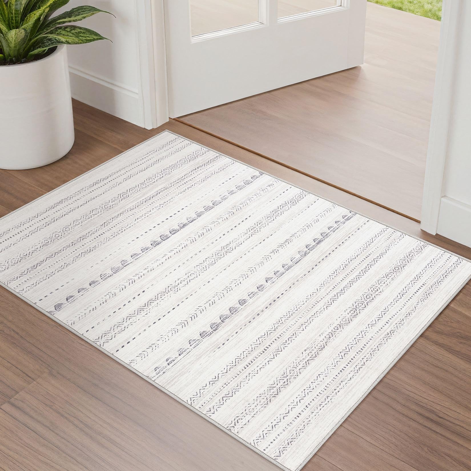 Nakagishi 2X3 Rug Washable Area Rug Small Soft Boho Farmhouse Neutral Moroccan Non Slip Indoor Low Pile Accent