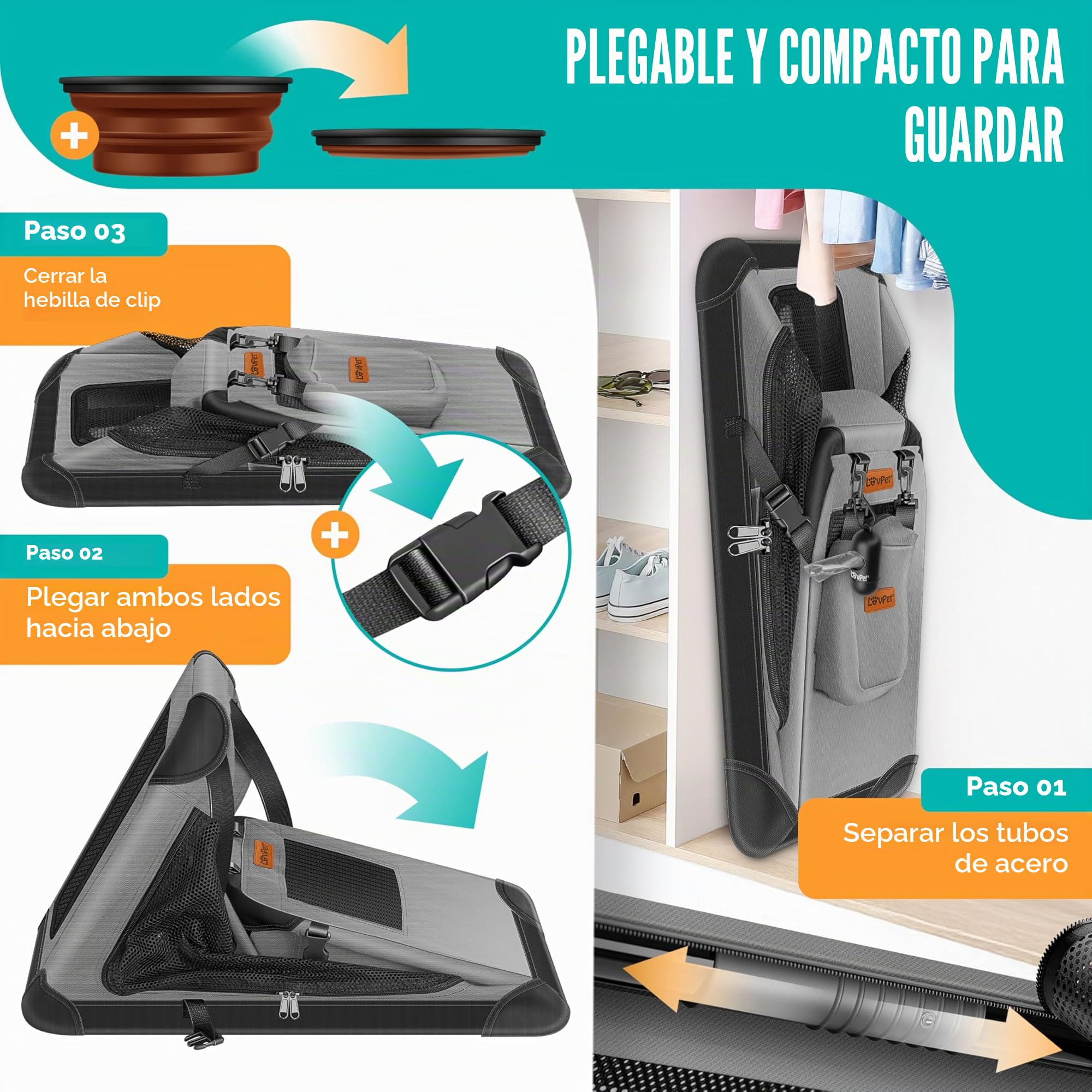 Lovpet® Transportín para perros, plegable, incluye cuenco para alimento, tamaño XXL 91,4 x 63,5 x 63,5 cm, caja de transporte para mascotas, perros y gatos, gris claro