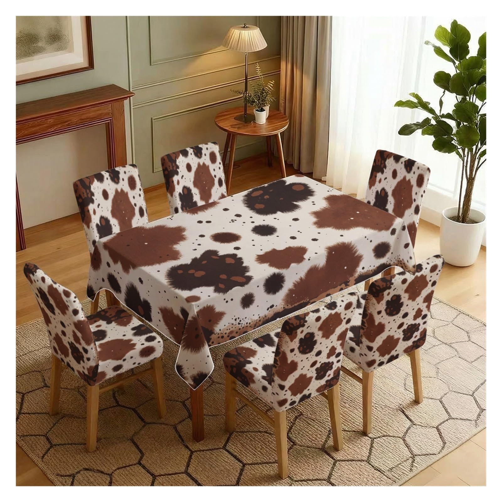 BOSUYBN Cow Print Animal Spot Print Dining Tablecloth & Chair Covers Set, 5/7 Piece Western Rustic Farmhouse Dining Decor Table Setting(7pcs Set: Tablecloth+Chair Covers)