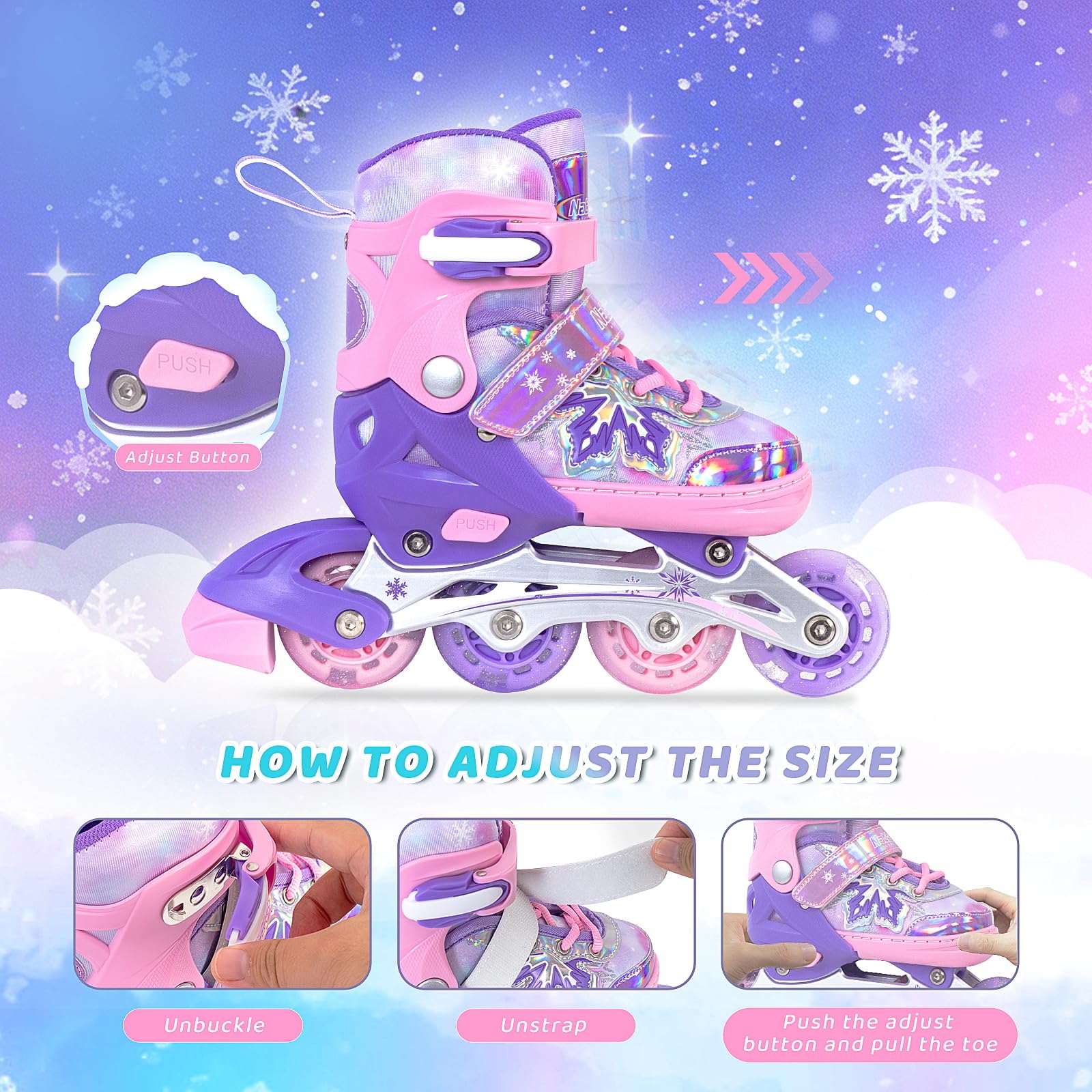 Nattork Patins à roulettes réglables - Flocons de neige - Pour filles et garçons - Sûrs et confortables pour les débutants