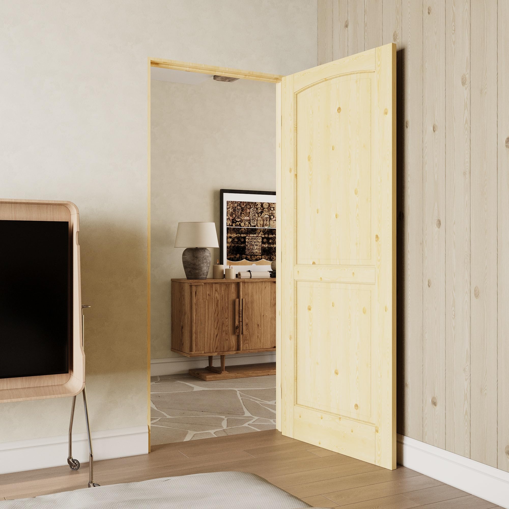 32" x 80" Pine Wood Prehung Door Interior, Natural Pine Wood Door, Arch Top 2-Panel ReadytoStain Solid Core Slab Doors with Easy Assembly Jamb Kit,