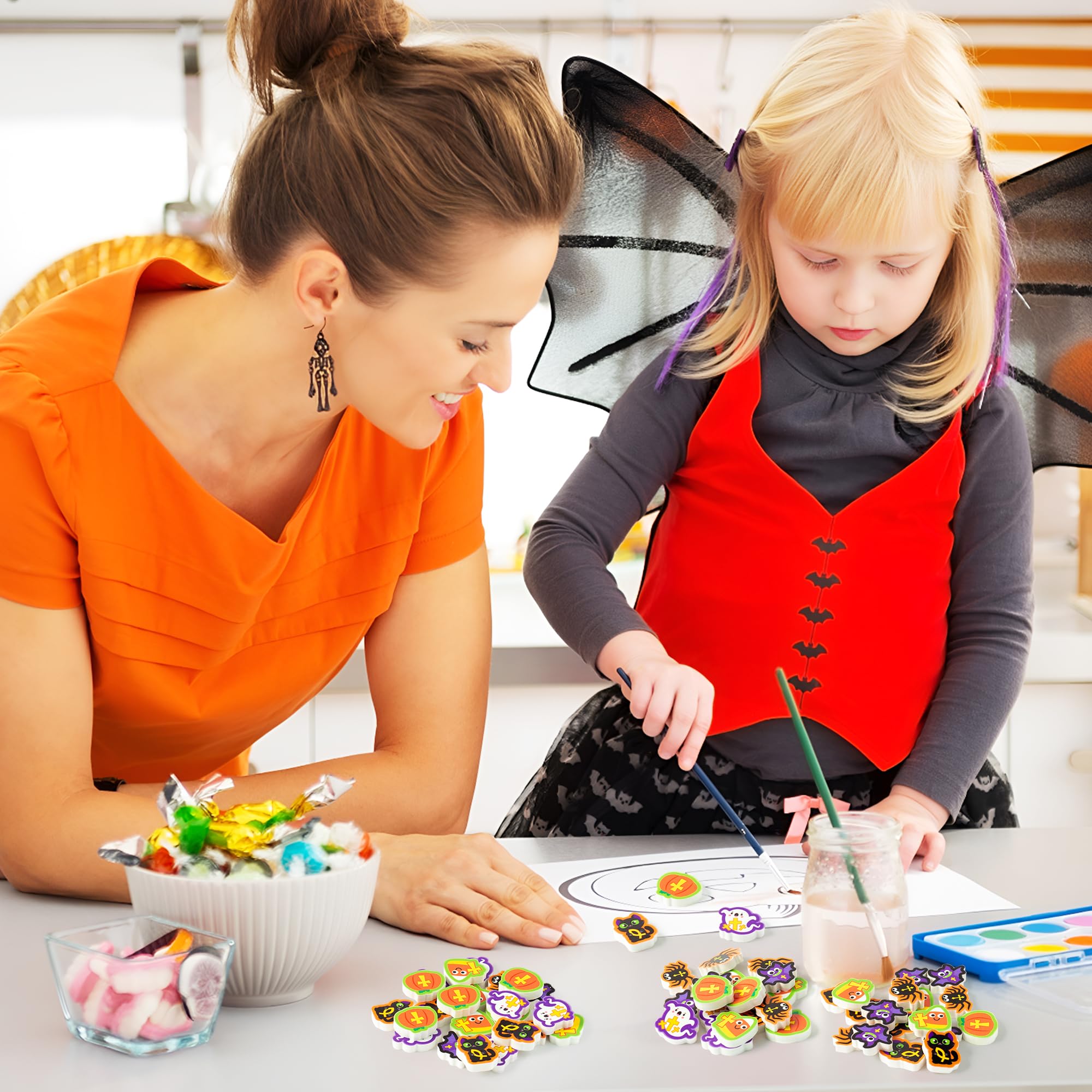 60Pcs Halloween Erasers for Kids Bulk Pumpkin Eraser Fun Halloween Eraser Black Cat Spooky Spider Bat Halloween Corn Candy Snacks Shaped Kids' Pencil Erasers for School Classroom Prizes Party Favors 2