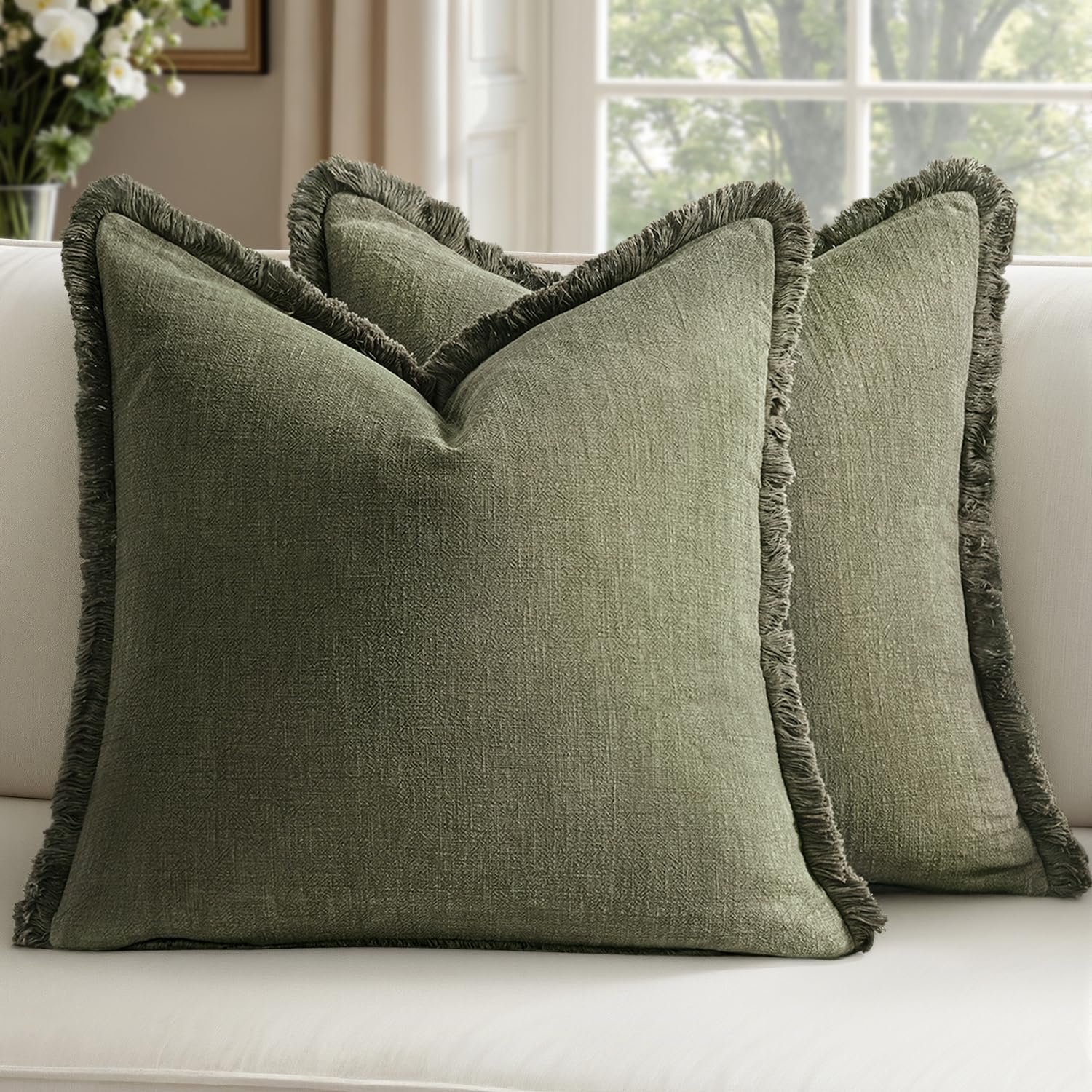 Woaboy Decorative Linen Fringe Throw Pillow Covers Boho Farmhouse Soft Cushion Covers Accent Pillowcases with Tassels Spring Home Decor for Livingroom