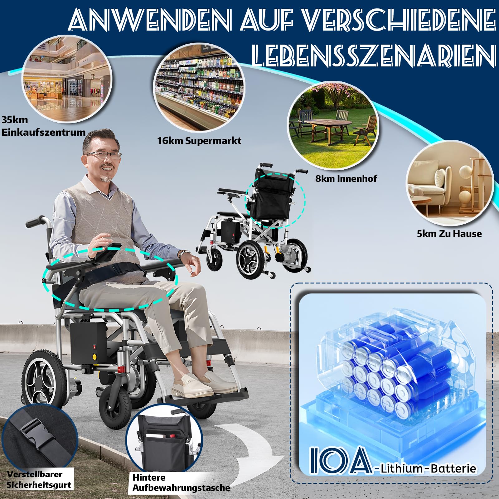 Elettrica Portatile Pieghevole E Leggera Per Adulti Anziani, Autonomia Di Viaggio Di 22 Miglia, Sedia Elettrica Motorizzata Per Tutti I Terreni Con Motori Senza Spazzole,With remote control