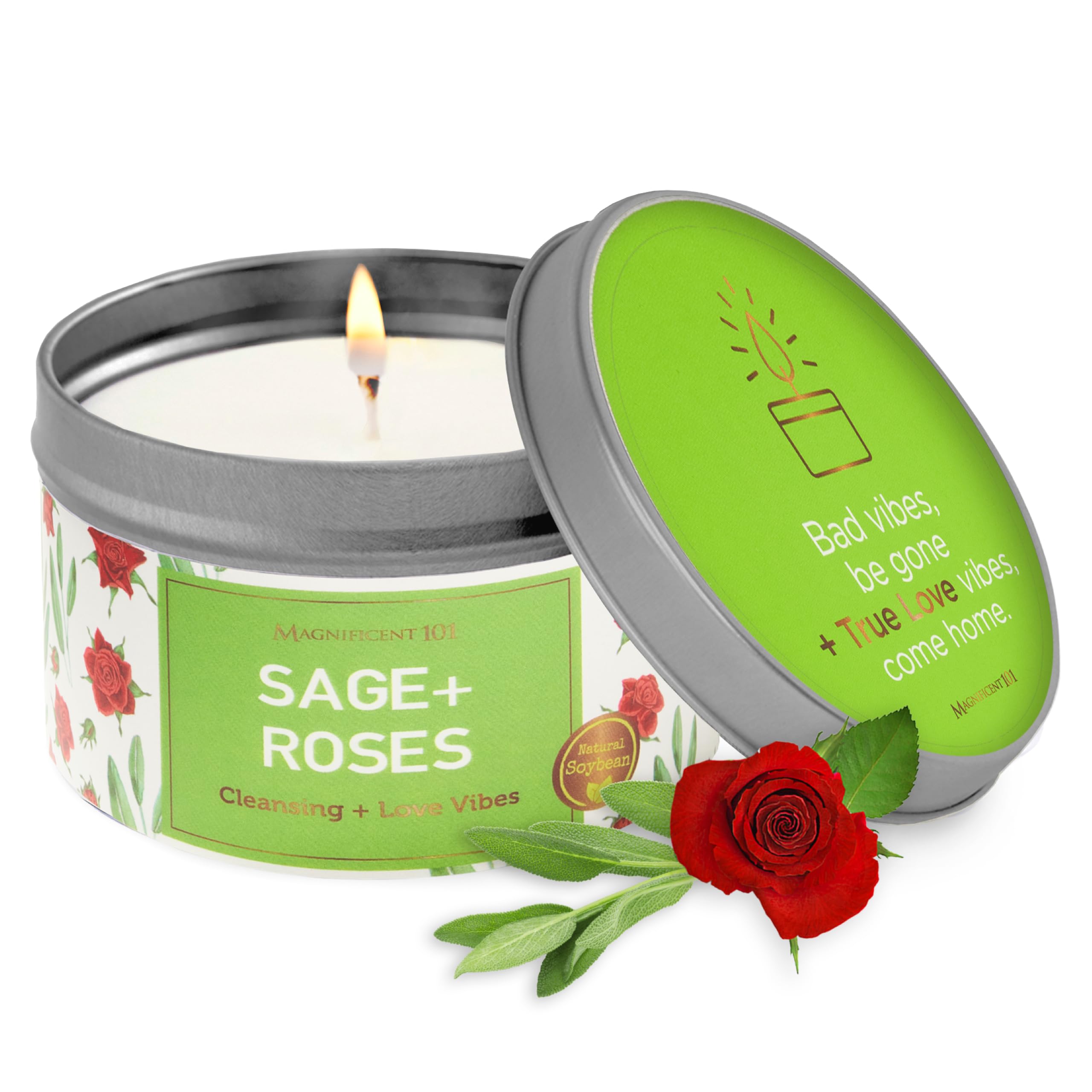 MAGNIFICENT 101 Sage + Roses Vela de aromaterapia para la Limpieza de la energía de la casa, destierra la energía Negativa I purificación y curación de los Chakras 6 oz