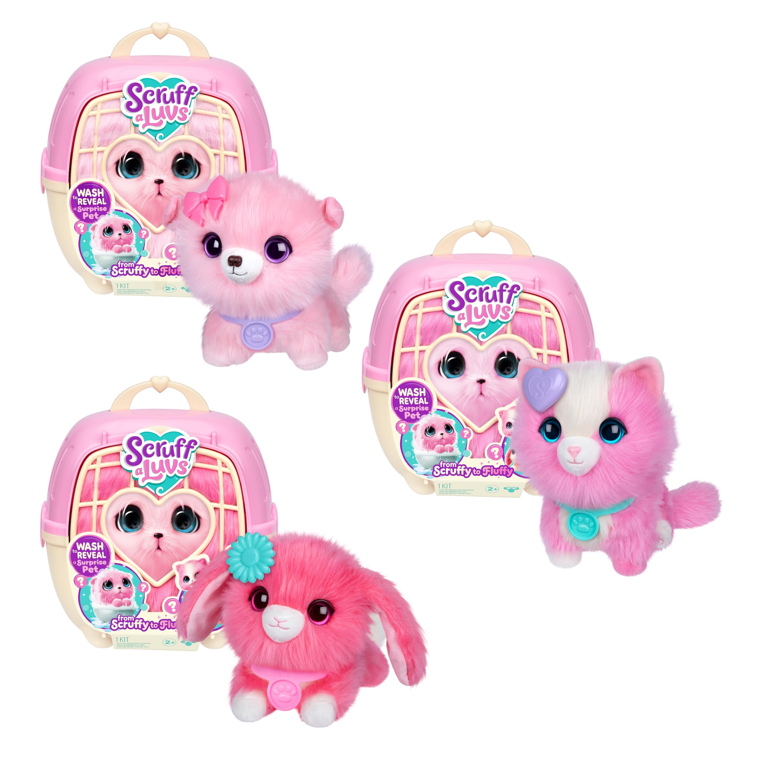 SCRUFFALUVS Little Live Pets Scruff Mascota Rosa - Peluche Sorpresa, 19 cm - Lava para Descubrir 1 de 3 Mascotas rescatadas: Perrito, Conejito o Gatito - Incluye un transportín Deluxe de 22 cm