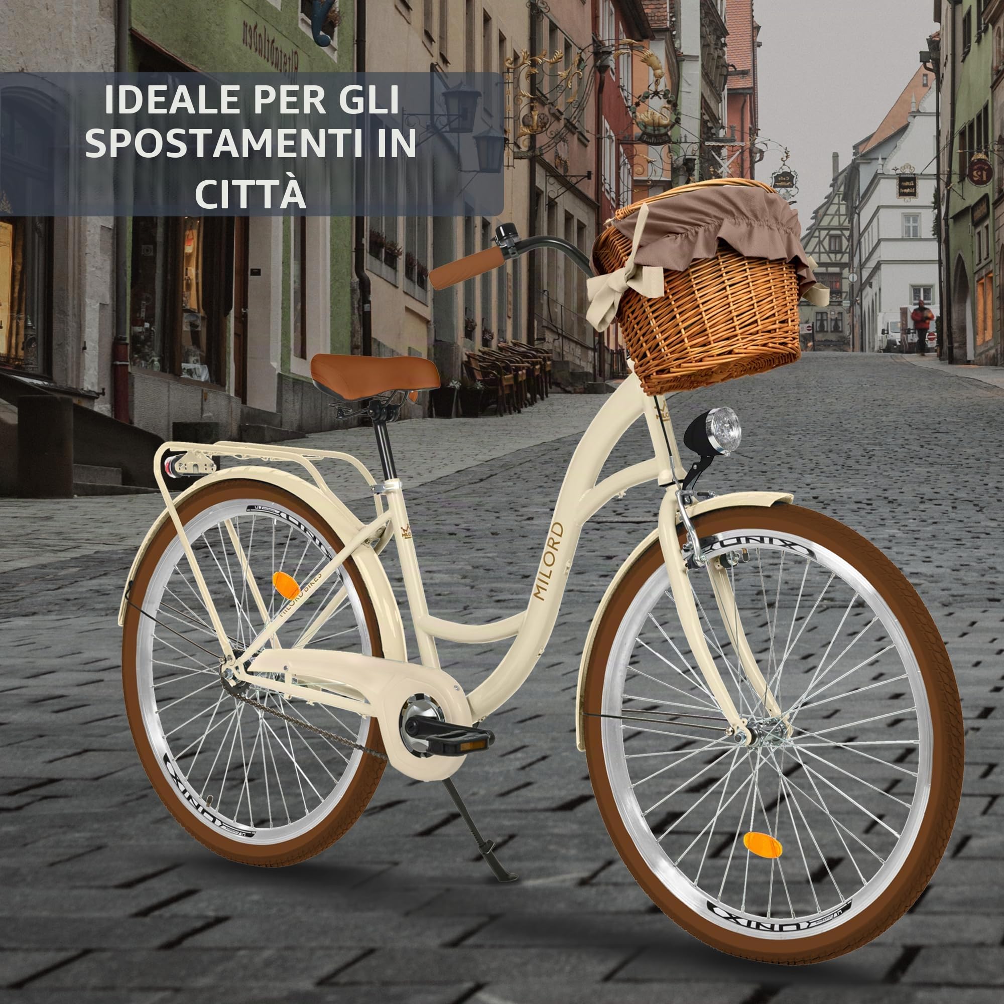 Bicicletta comfort con cestino di vimini, bicicletta olandese da donna, City bike, beige marrone, 1 marcia, 28 pollici