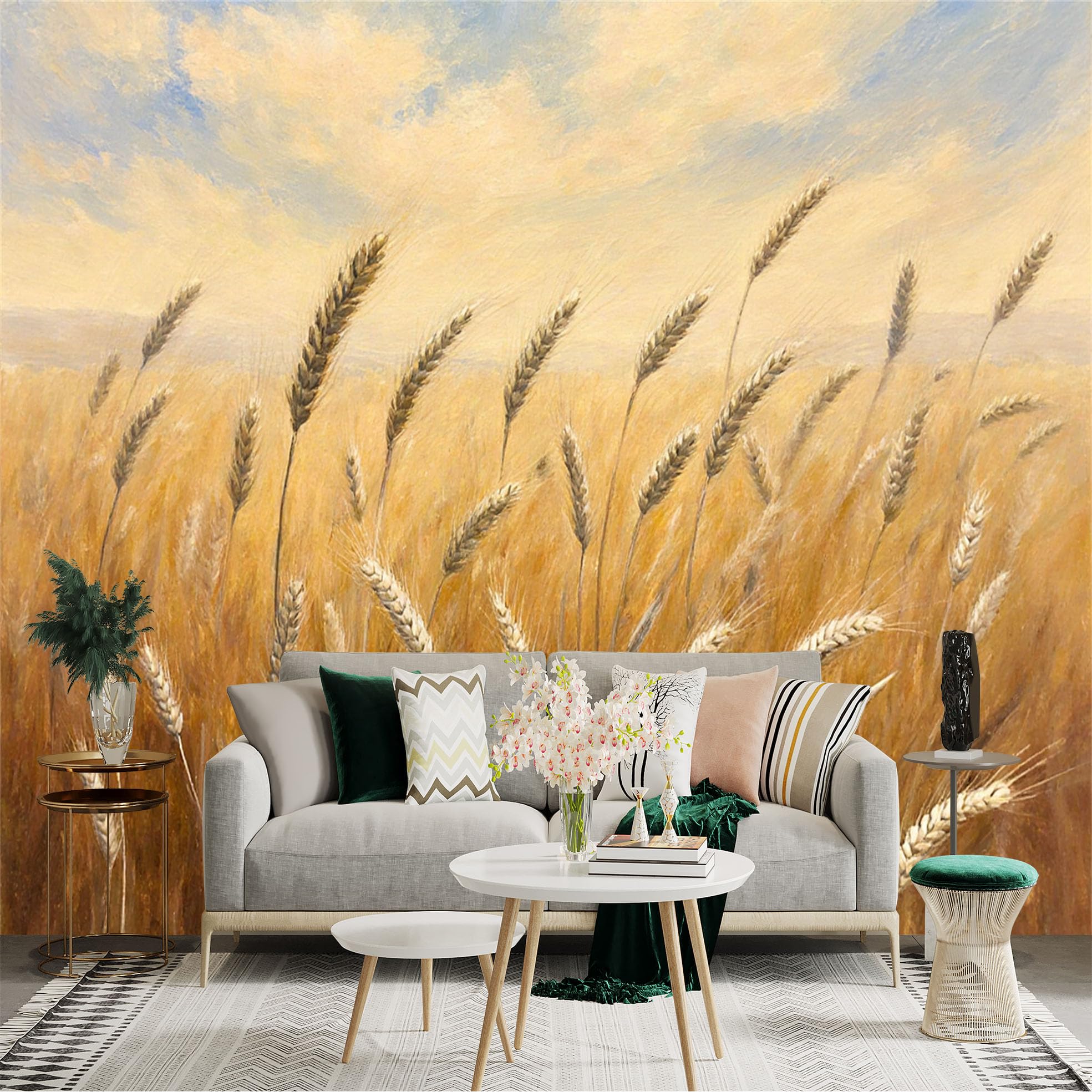 Custom Size Wall Sticker Mural， Golden Wheat Field with Blue Sky and Harvest Landscape， for wall Decoration， peelandstick wall Decals.