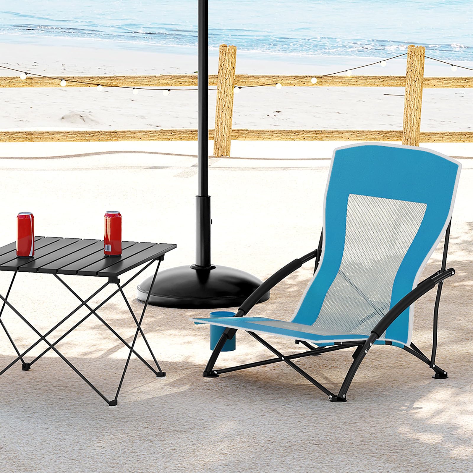 WOLTU 2er Set Klappstuhl Strand Campingstuhl Leicht Faltbar Gepolsterte Armlehnen Mesh-Rückenlehne Getränkehalter Tragetasche Blau