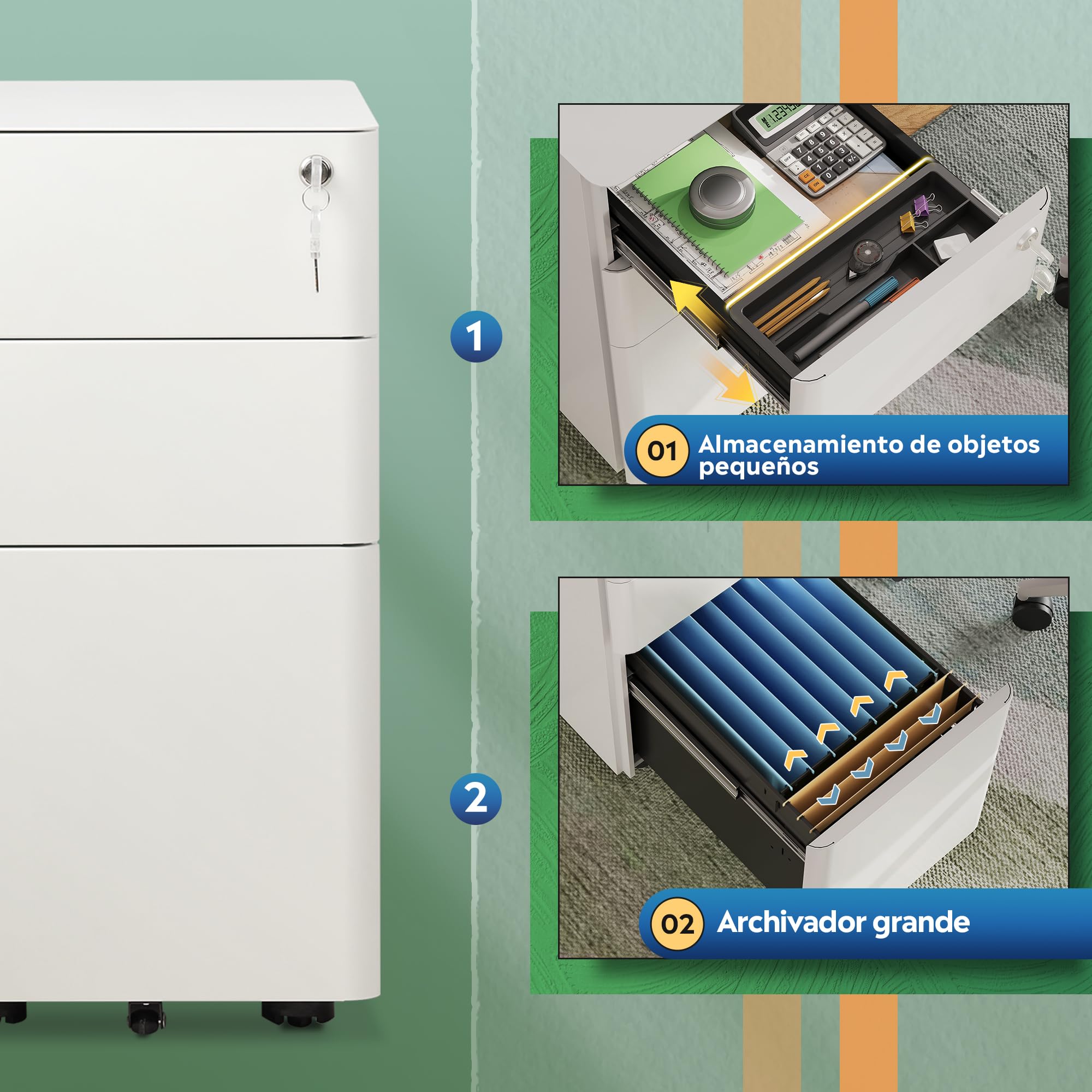 DEVAISE Carrito de Oficina con 3 Cajones Bloqueables, Mueble Bajo Escritorio Multifunción, Repositorio para Impresora y Archivador con Ruedas, Blanco